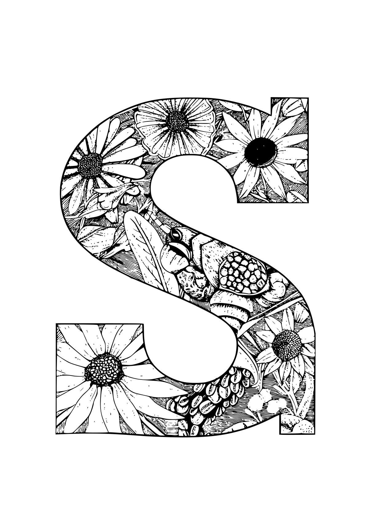 letter s coloring page five, a4, zentangle, free downloads