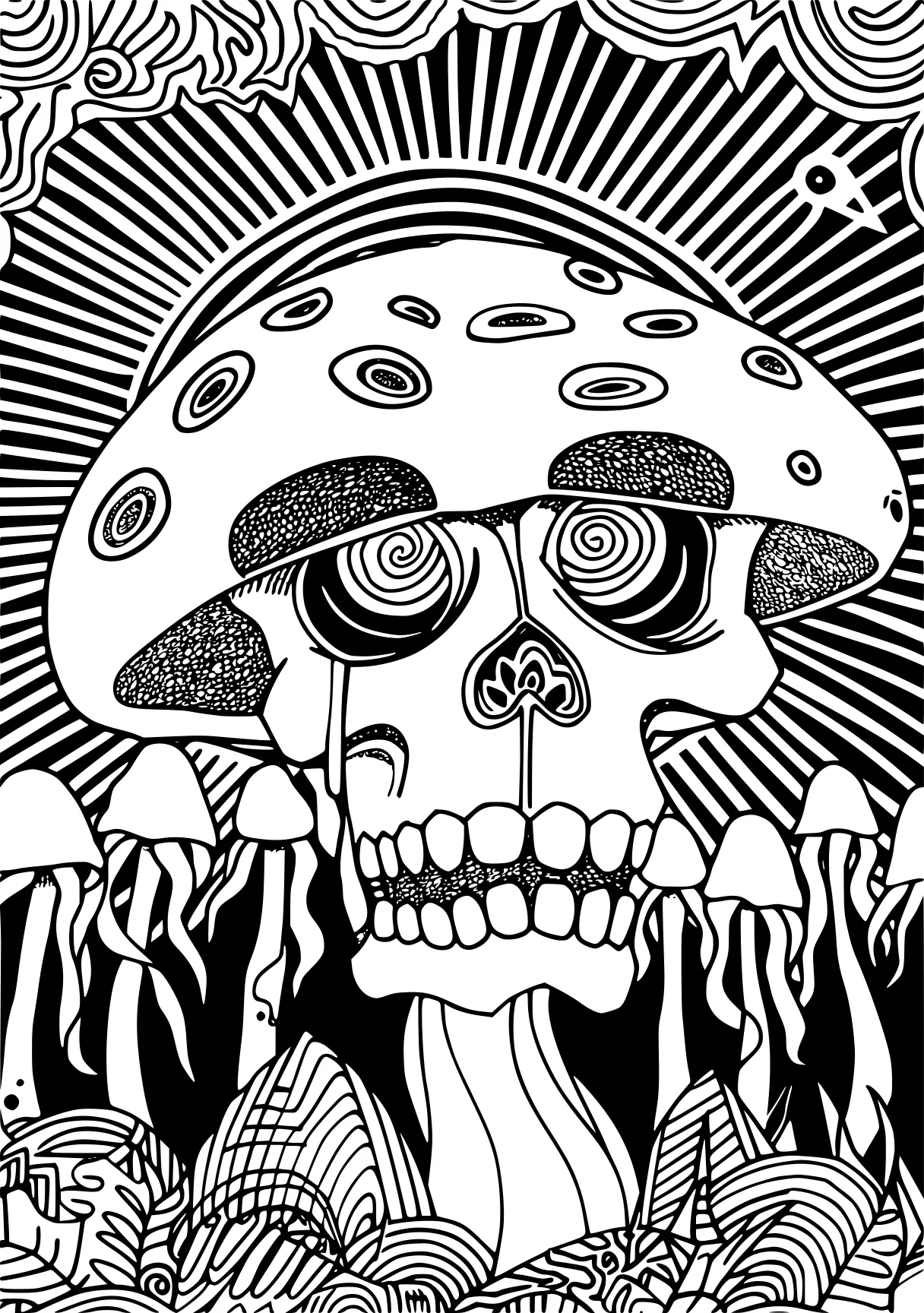 trippy coloring pages for adults muertos, mushroom, acid, skull, jellyfish, free page downloads