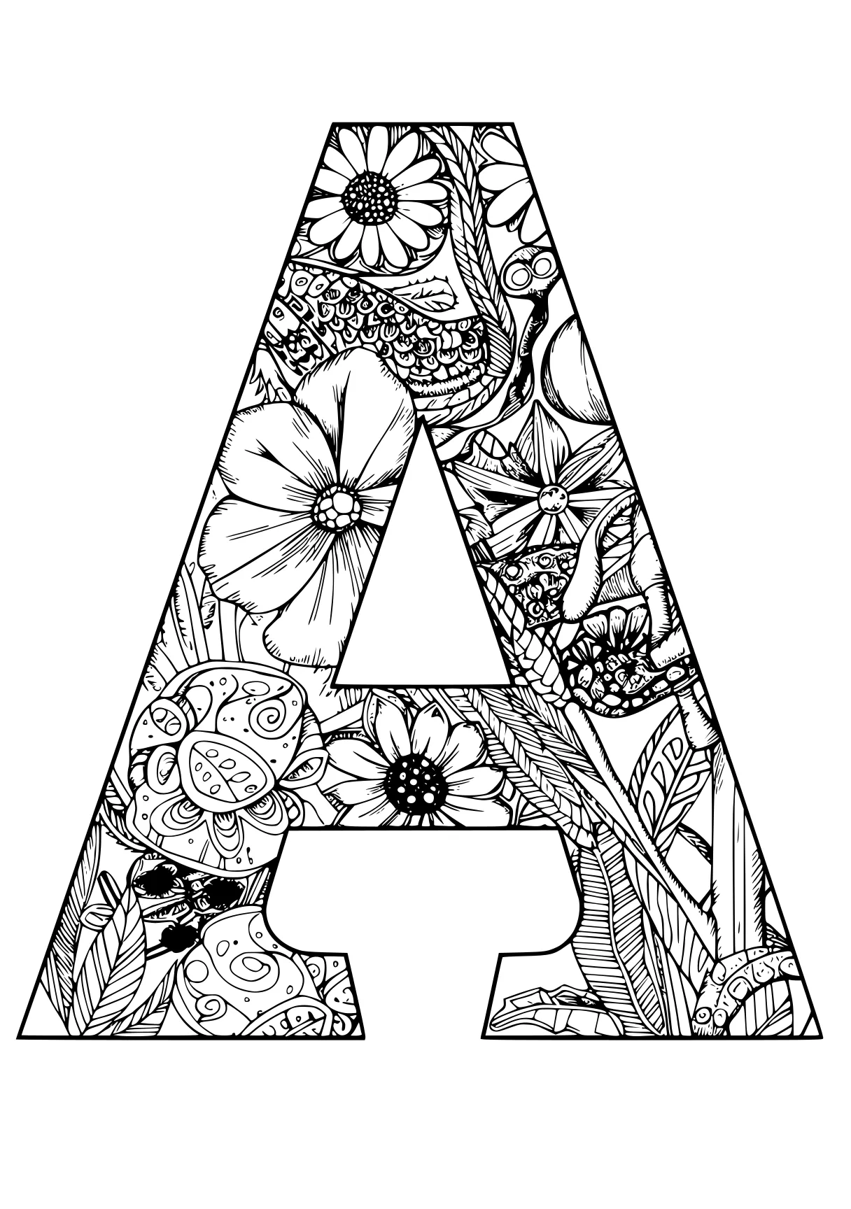 letter a coloring pages floral, a4, triangle, zentangle, free page downloads