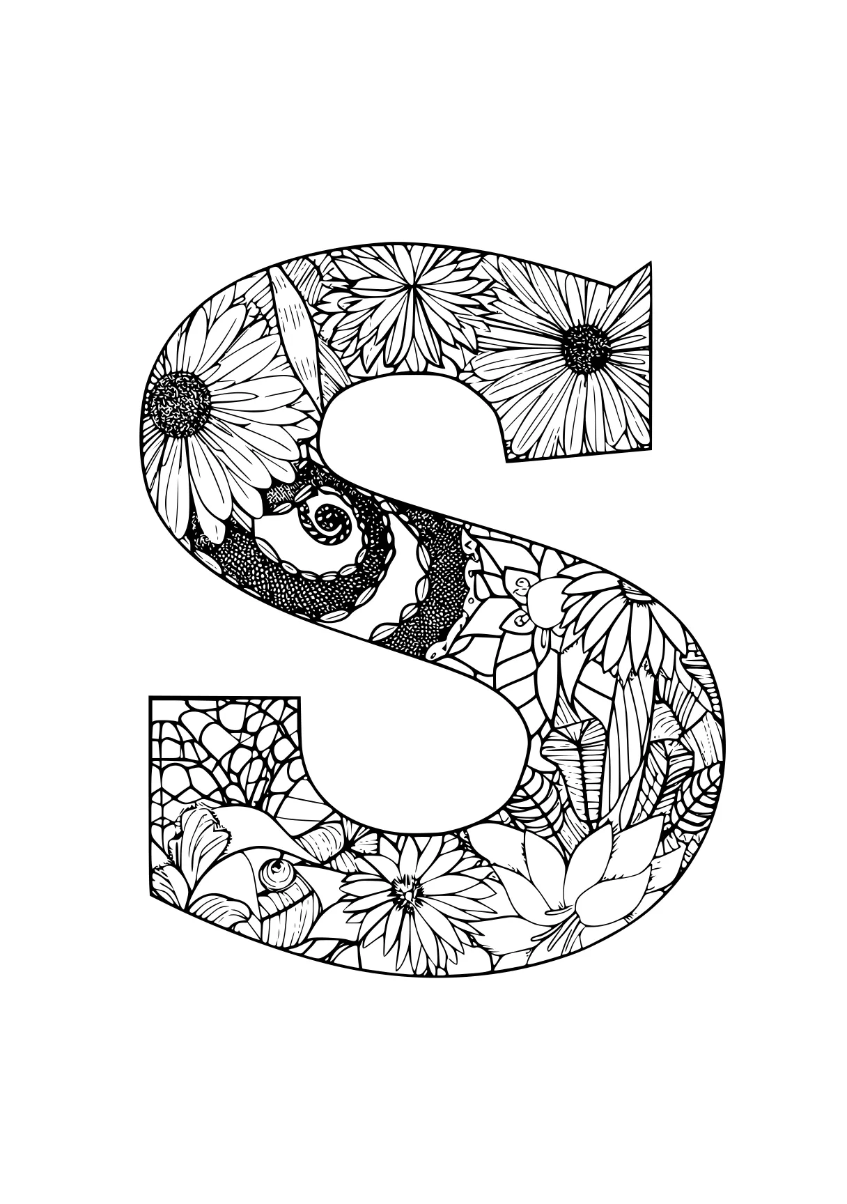 letter s coloring page a4, five, zentangle, s, number, free downloads