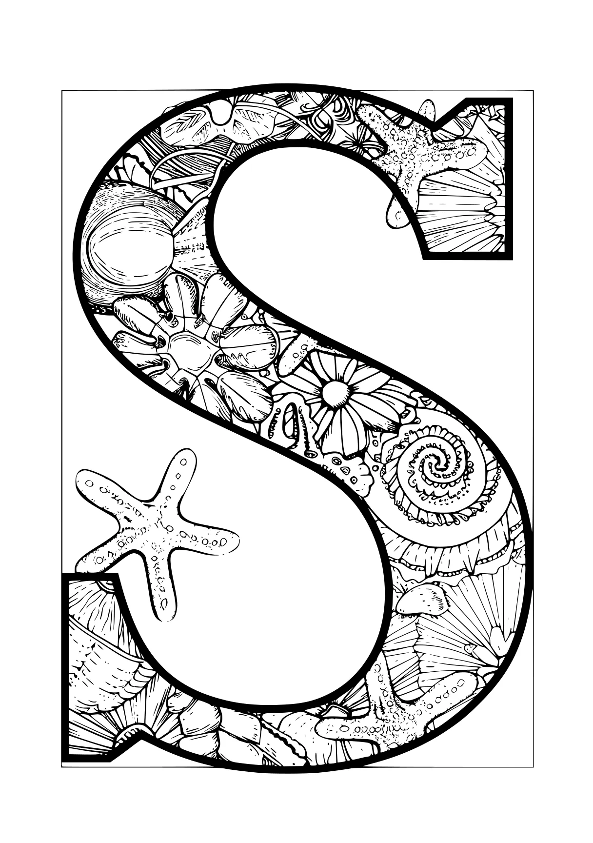 letter s coloring page, zentangle, five, s, free downloads