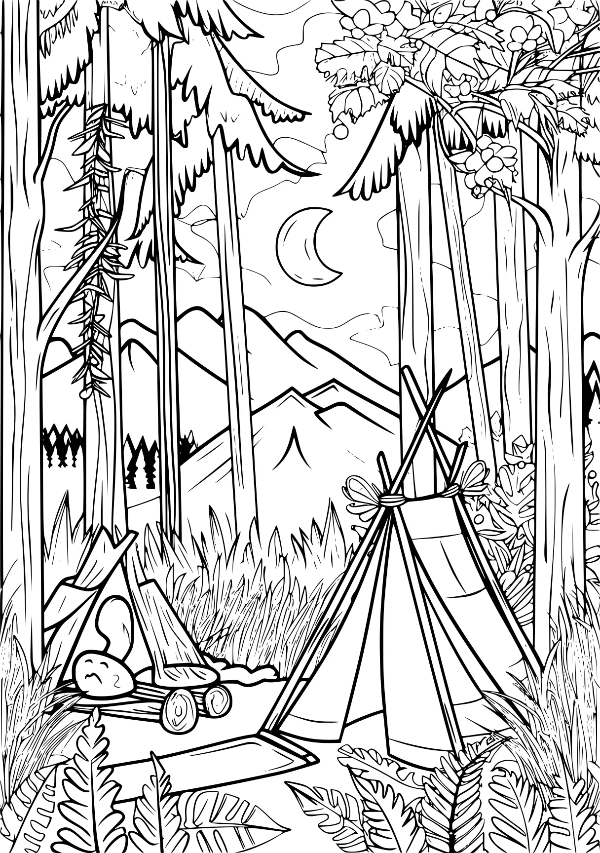 camping coloring pages, forest, trees, camping, free page downloads