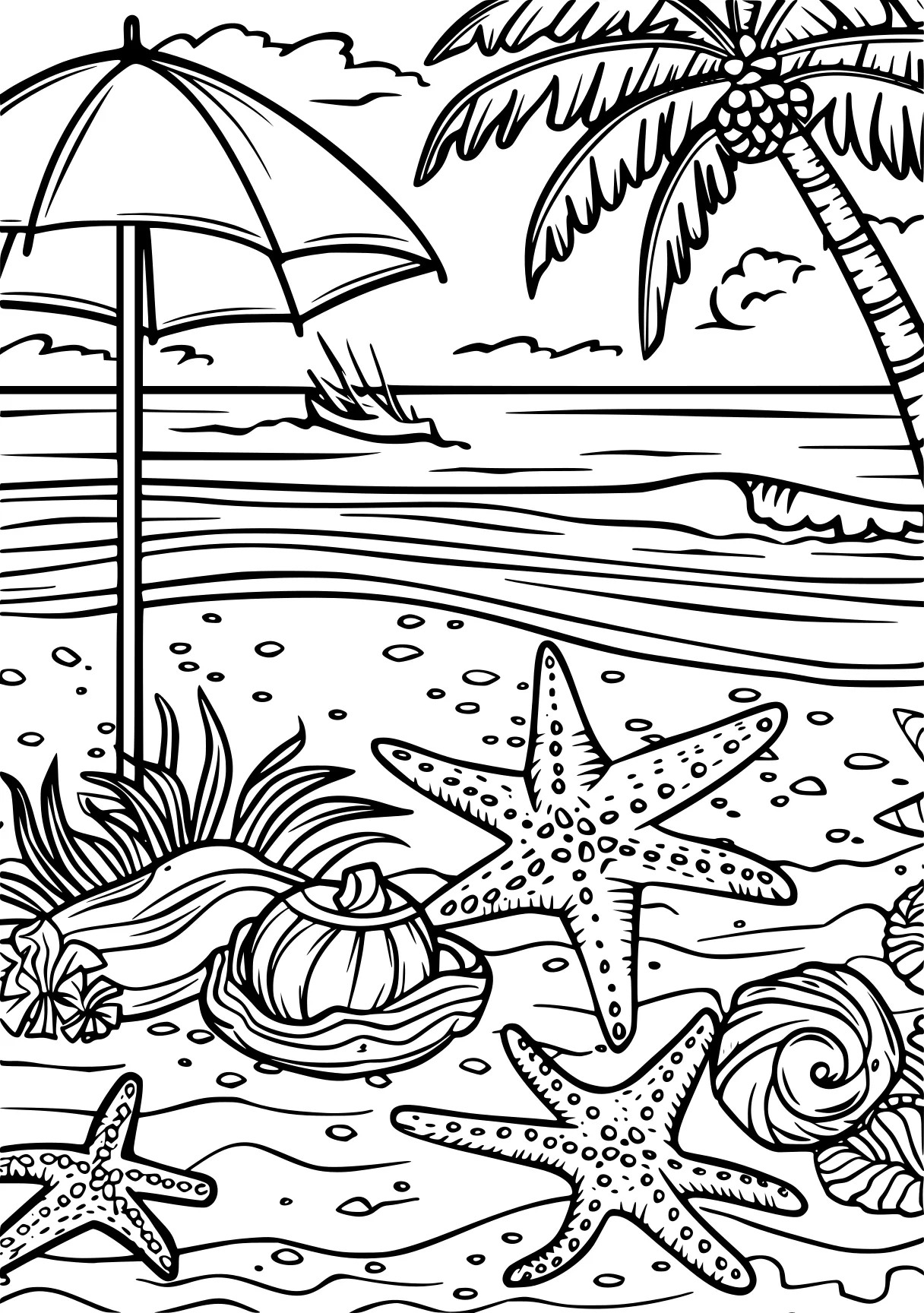 beach coloring pages, zentangle, starfish, illustrator, free page downloads