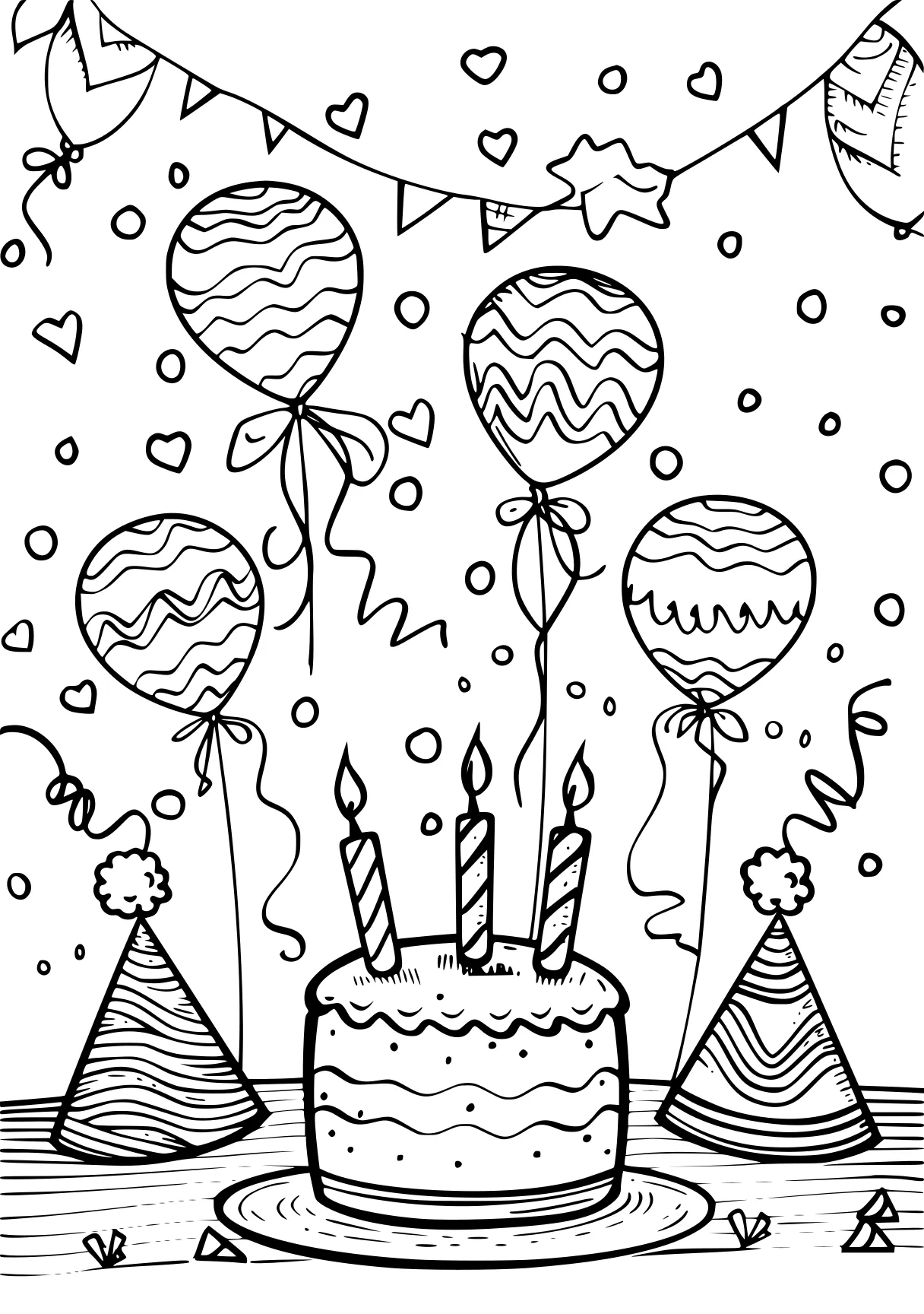 birthday coloring page, balloons, birthday, cake, free downloads