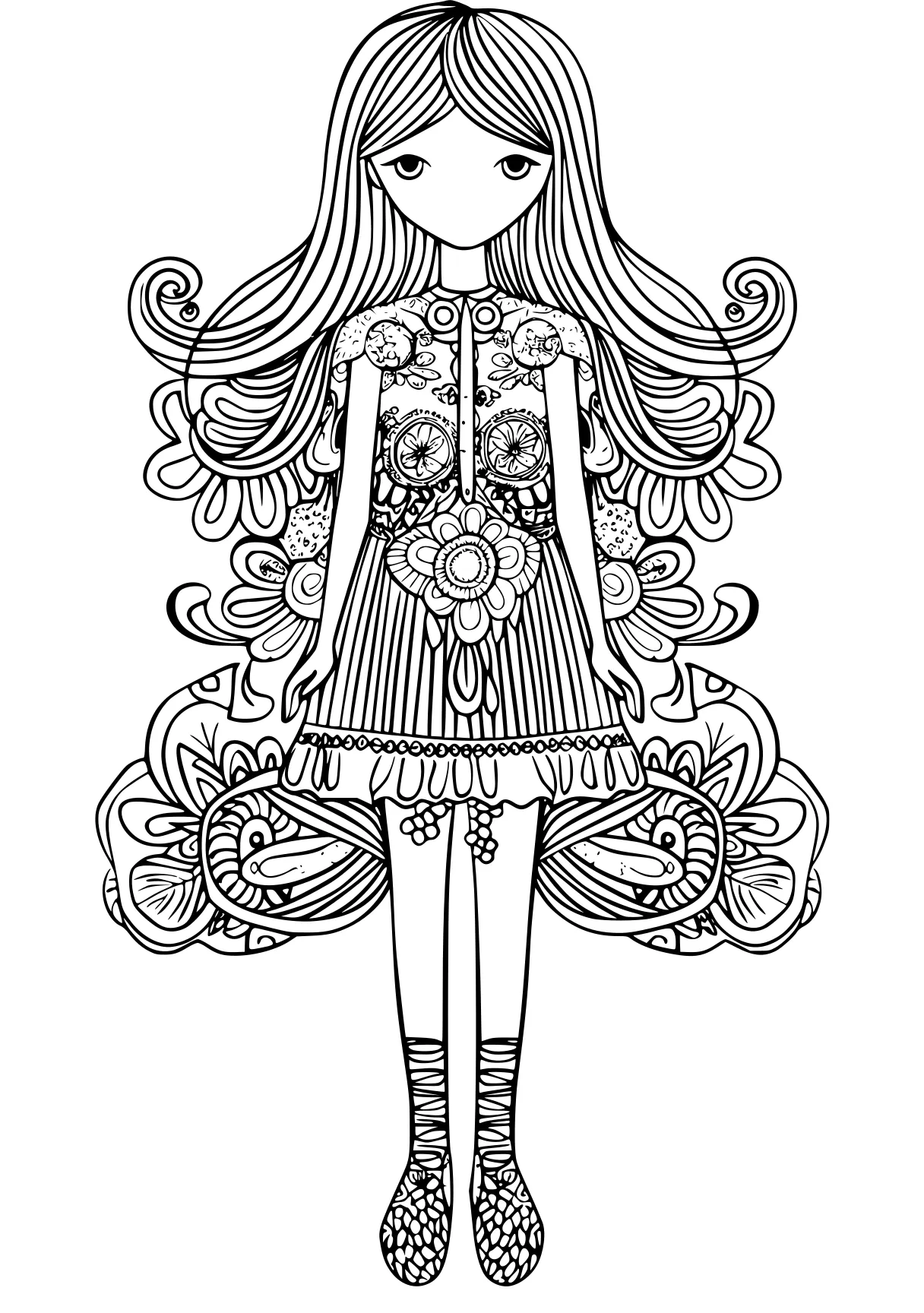 printable coloring pages, alice, coraline, rapunzel, doll, free page downloads