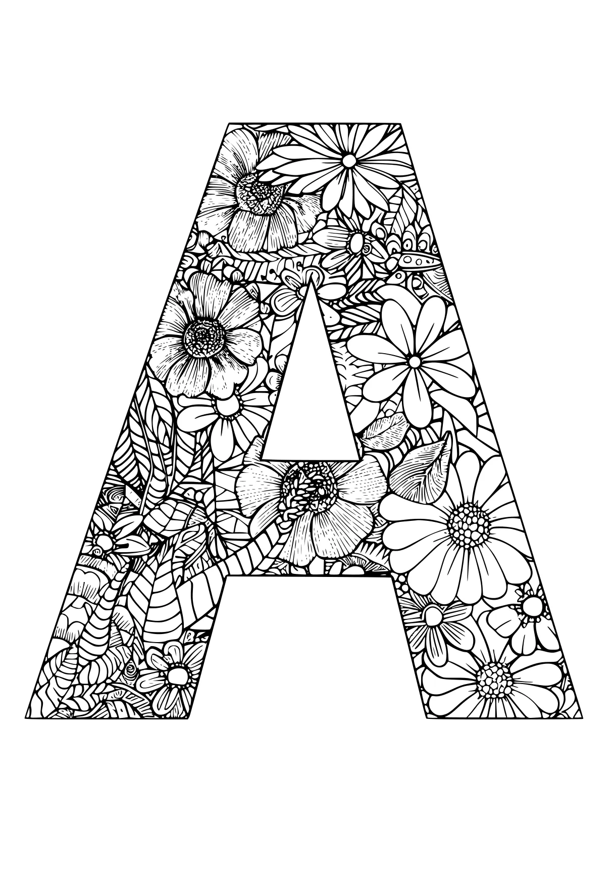 letter a coloring sheet zentangle, a4, floral, an, free page downloads