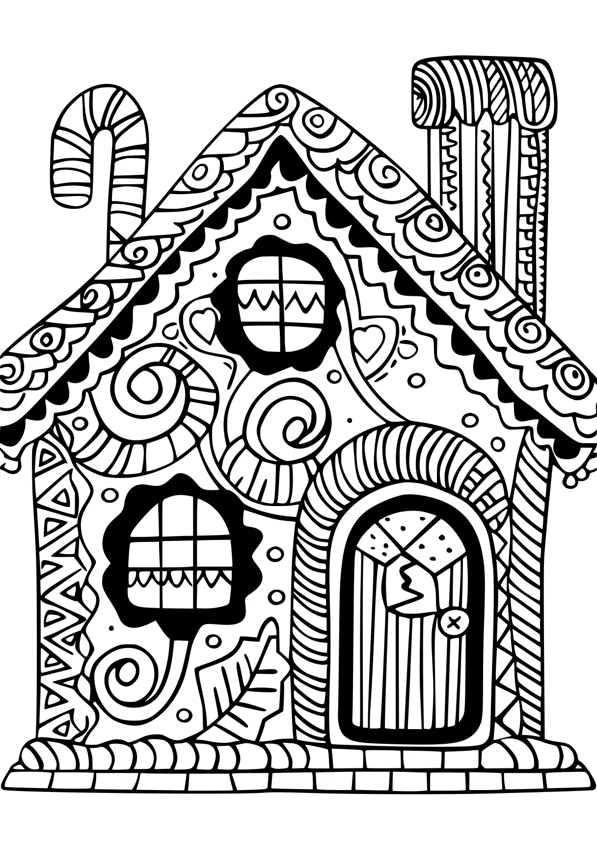 gingerbread house coloring page, zentangle, ornament, doors, free downloads