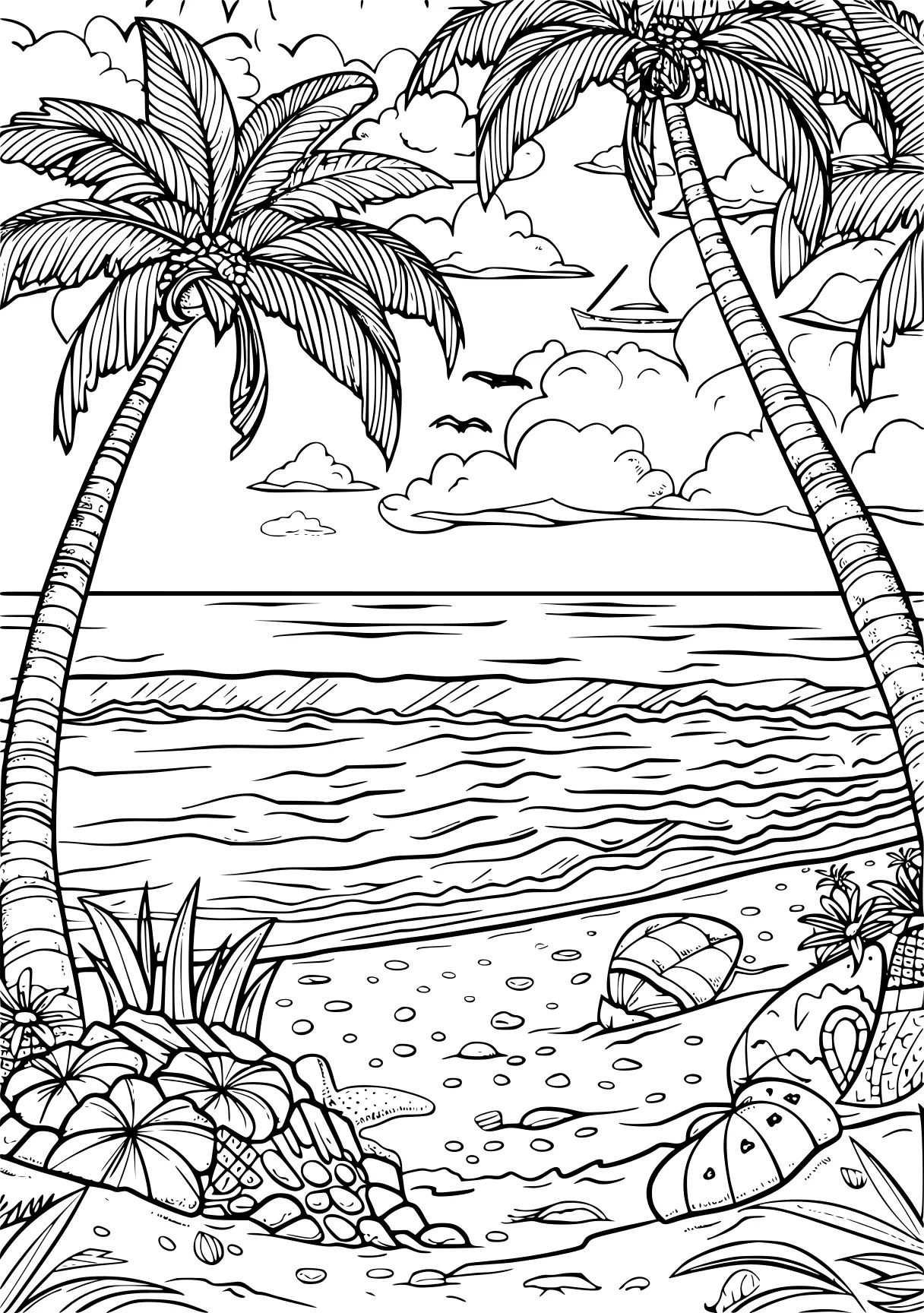 beach coloring pages, palm, beach, zentangle, free page downloads