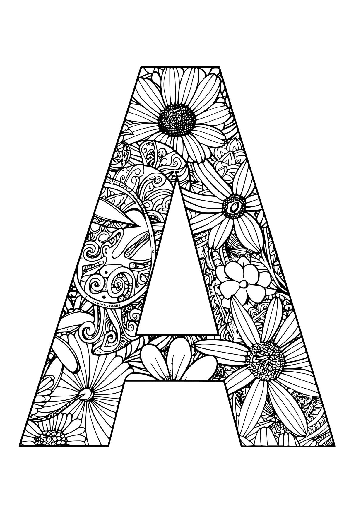 letter a coloring sheet a4, floral, letters, alphabet, zentangle, free page downloads