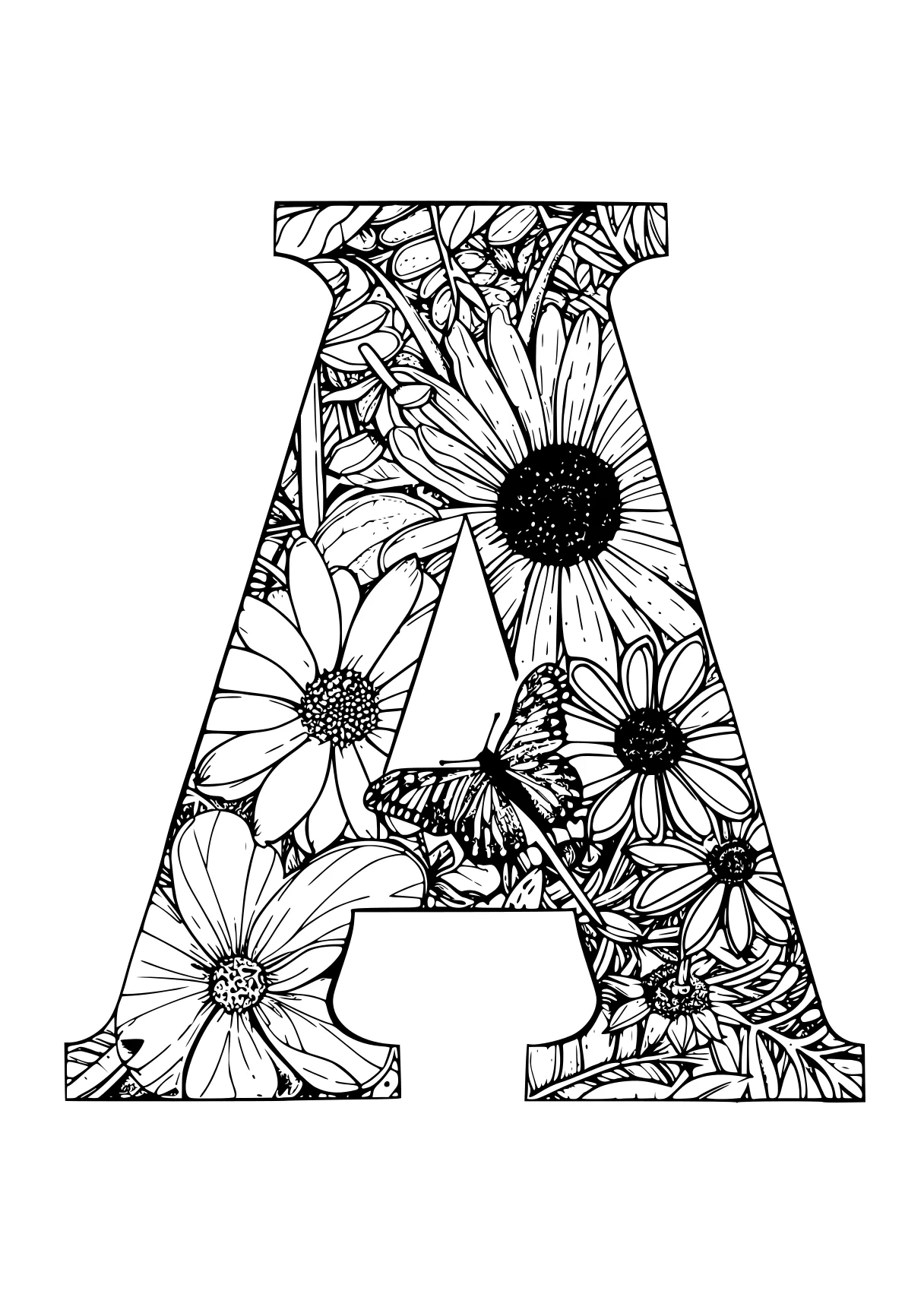 letter a coloring sheet a4, floral, letters, alphabet, a, free page downloads