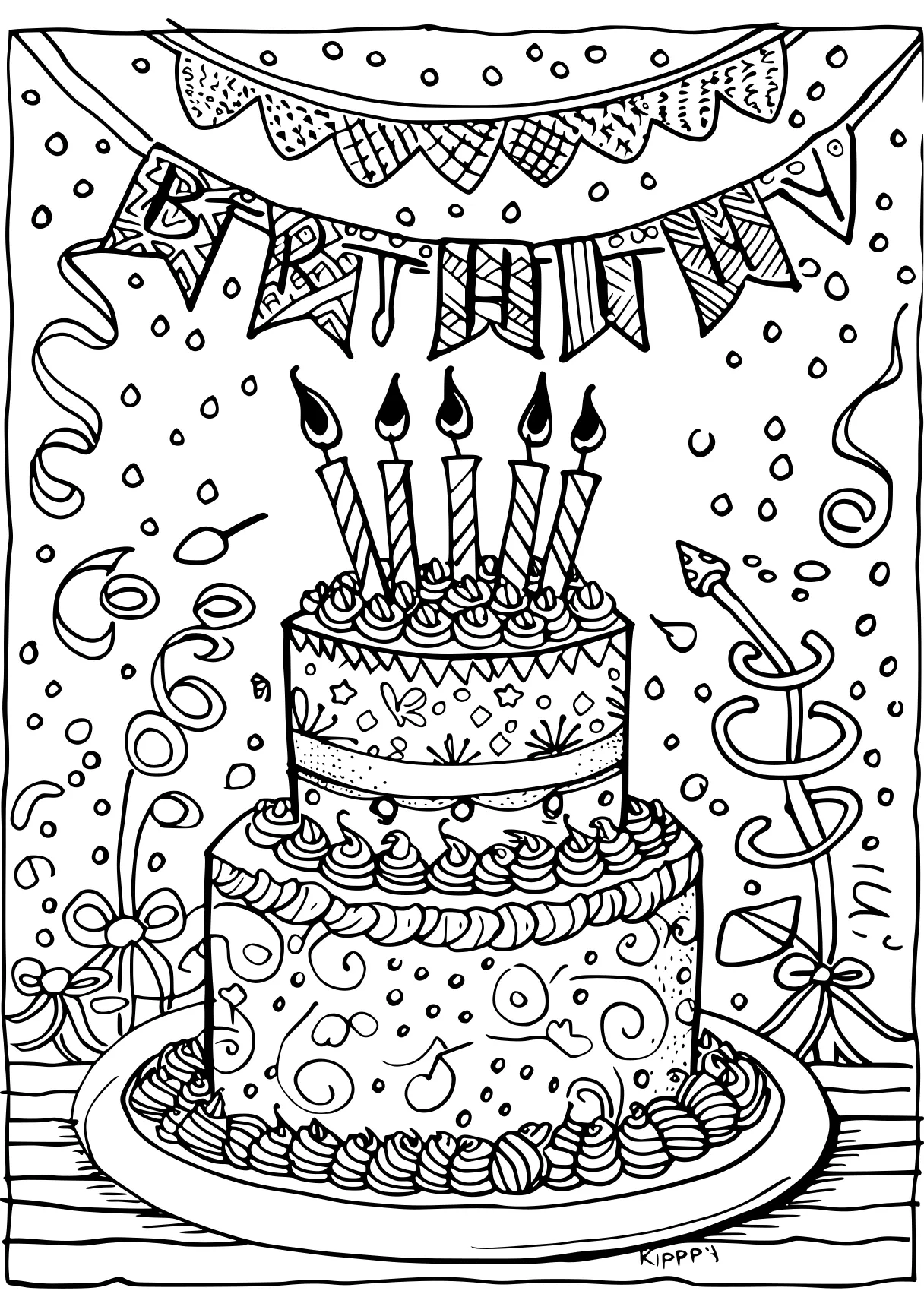 happy birthday coloring sheet, zentangle, cake, birthday, free page downloads