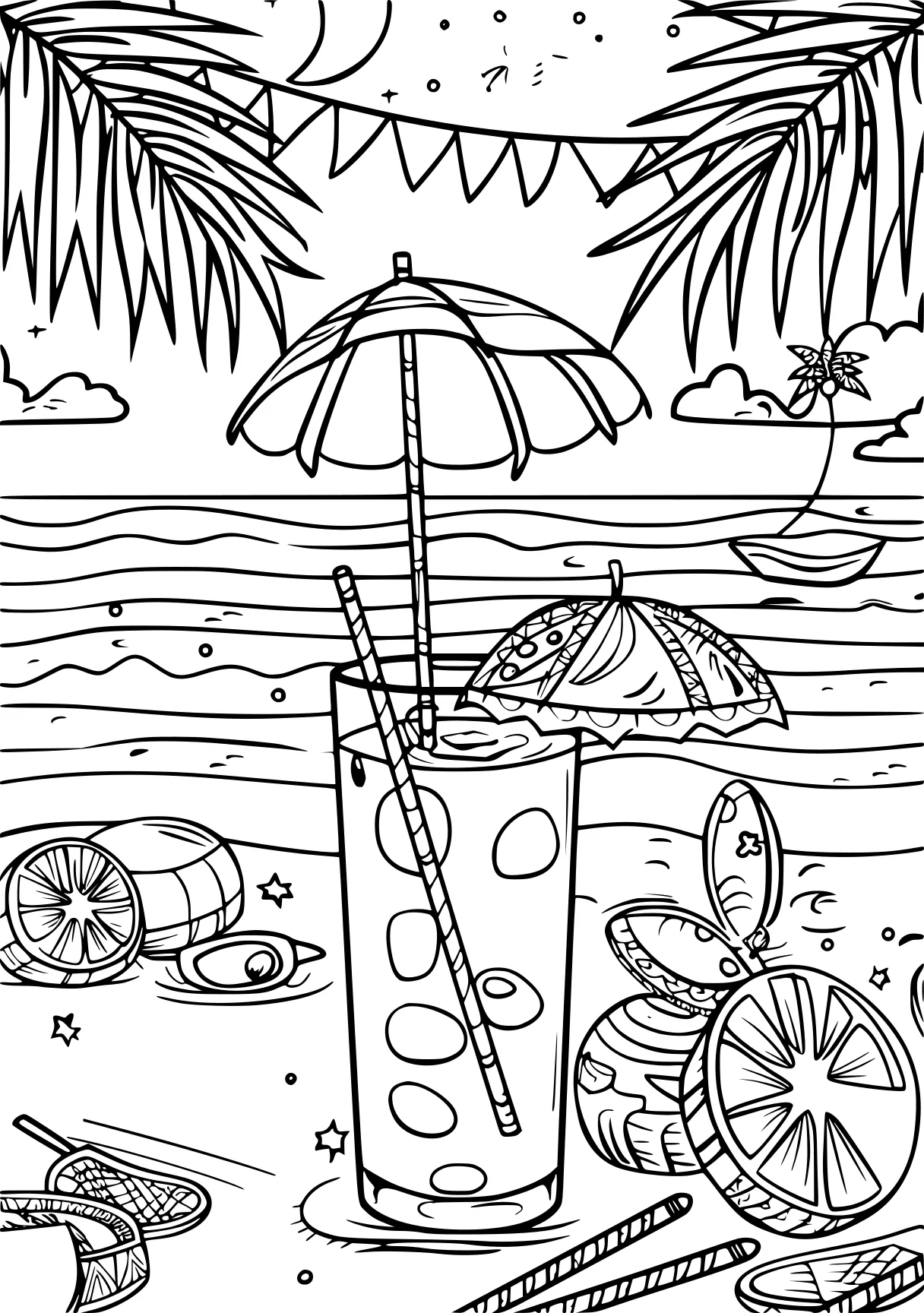 summer coloring sheet, umbrella, beach, boat, free page downloads