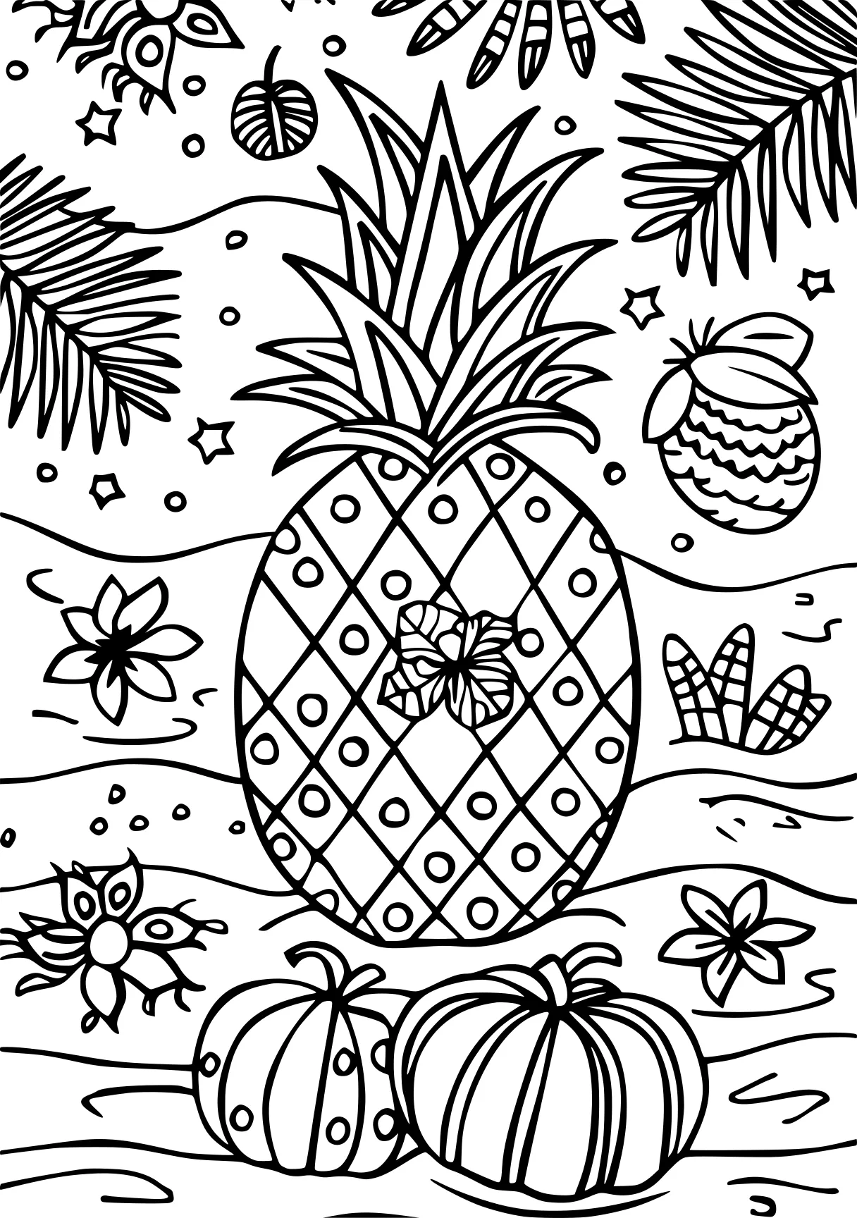 summer coloring, zentangle, pineapple, palm, free page downloads