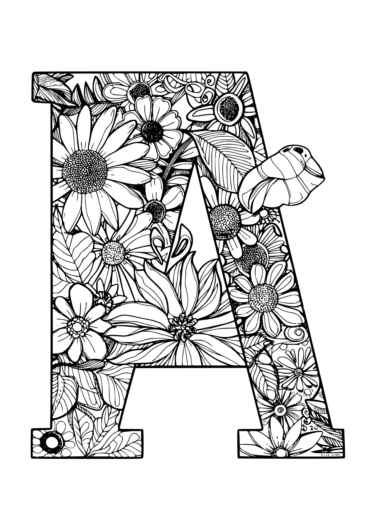 letter a coloring sheet, floral, zentangle, a4, free page downloads