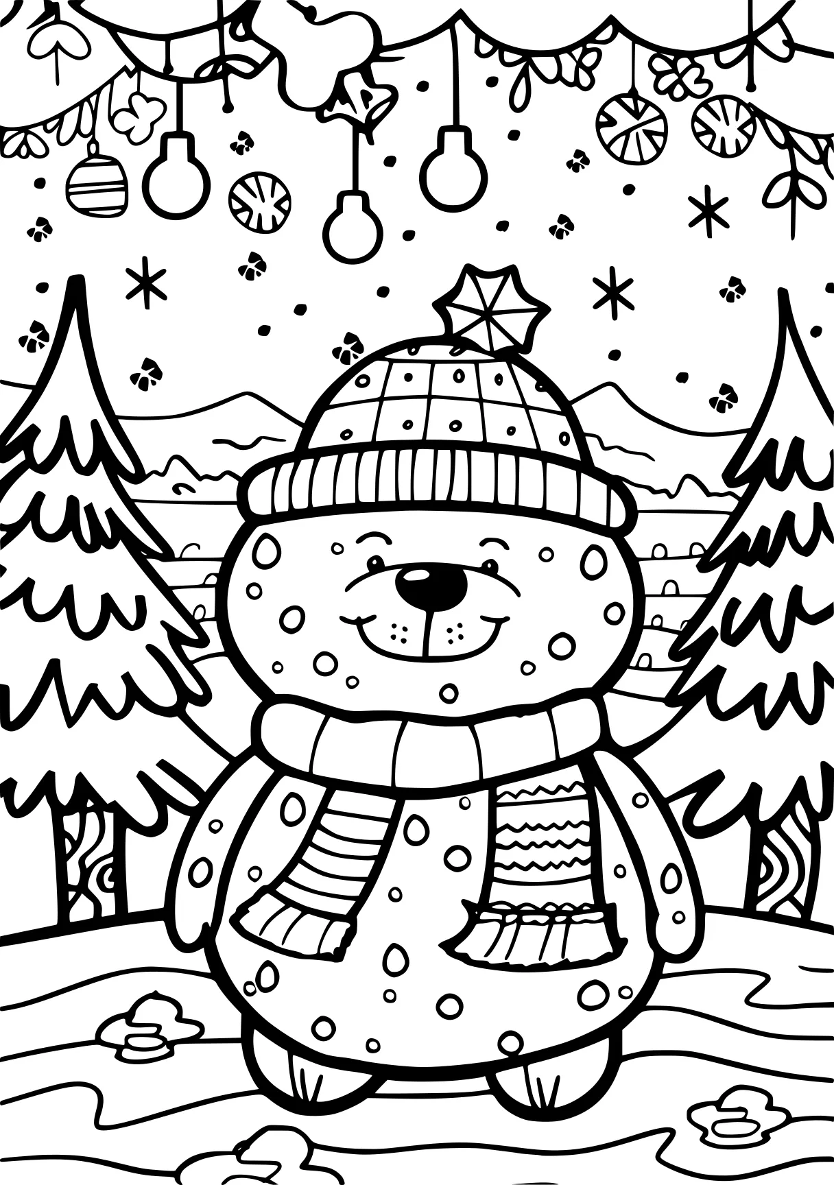 cute christmas coloring pages snowman, winter, bear, free page downloads