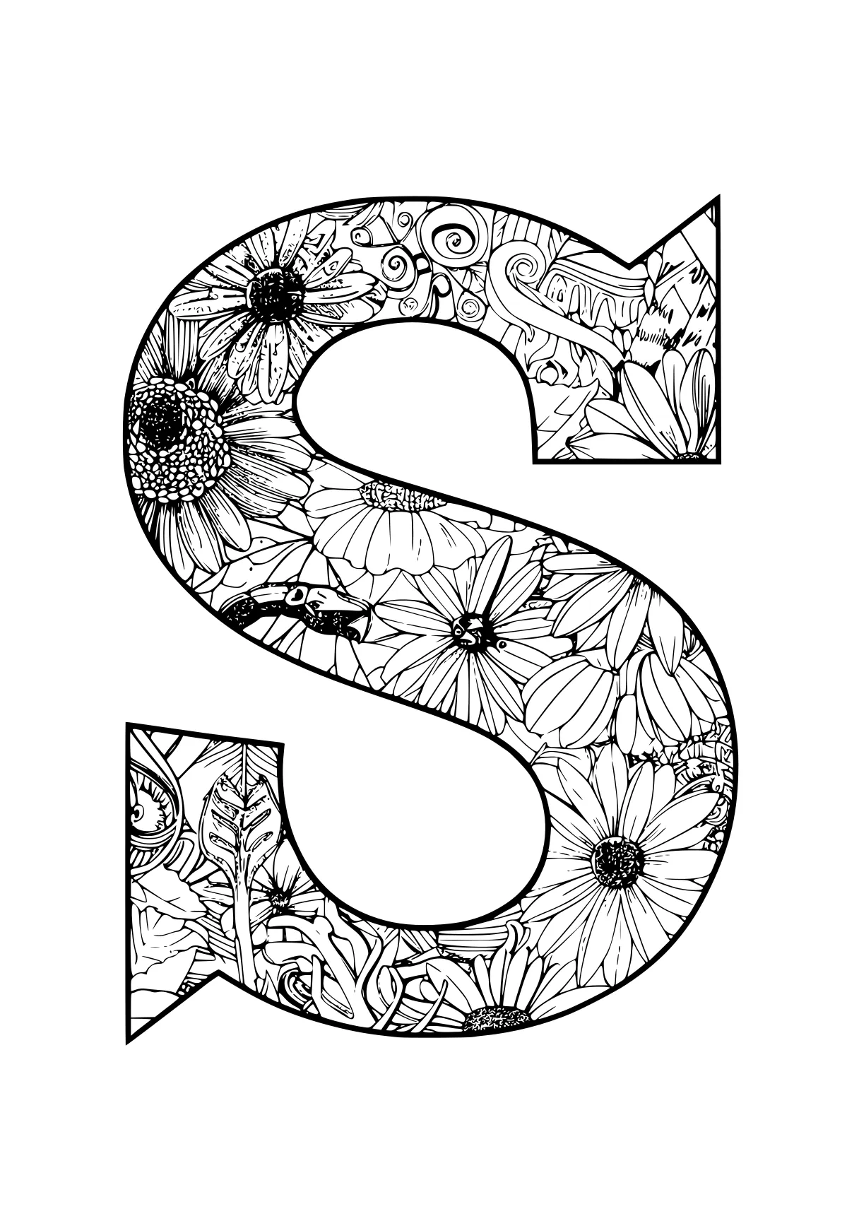 letter s coloring page, five, s, zentangle, free downloads