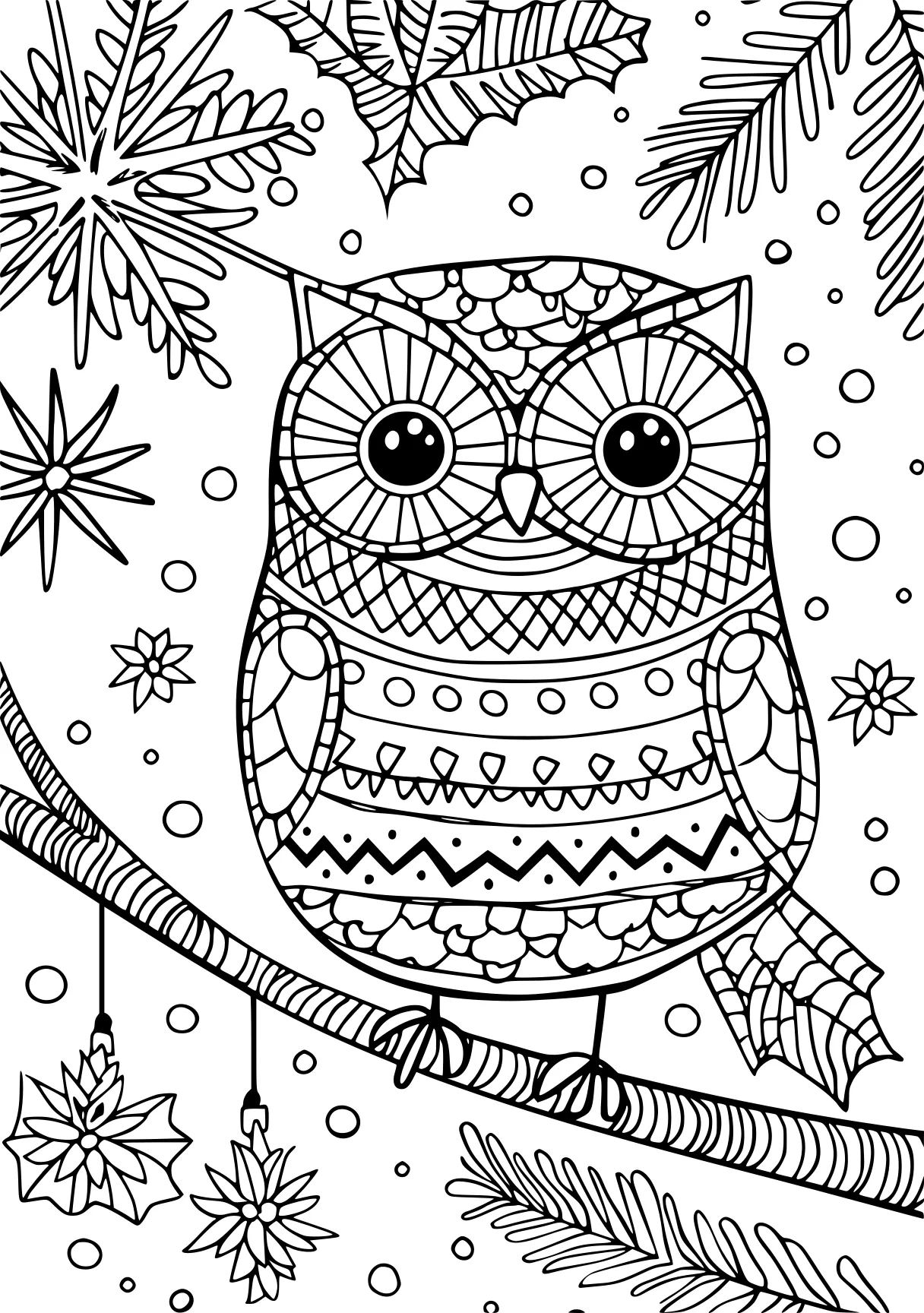 christmas coloring pages for adults, owl, zentangle, colouring, free page downloads