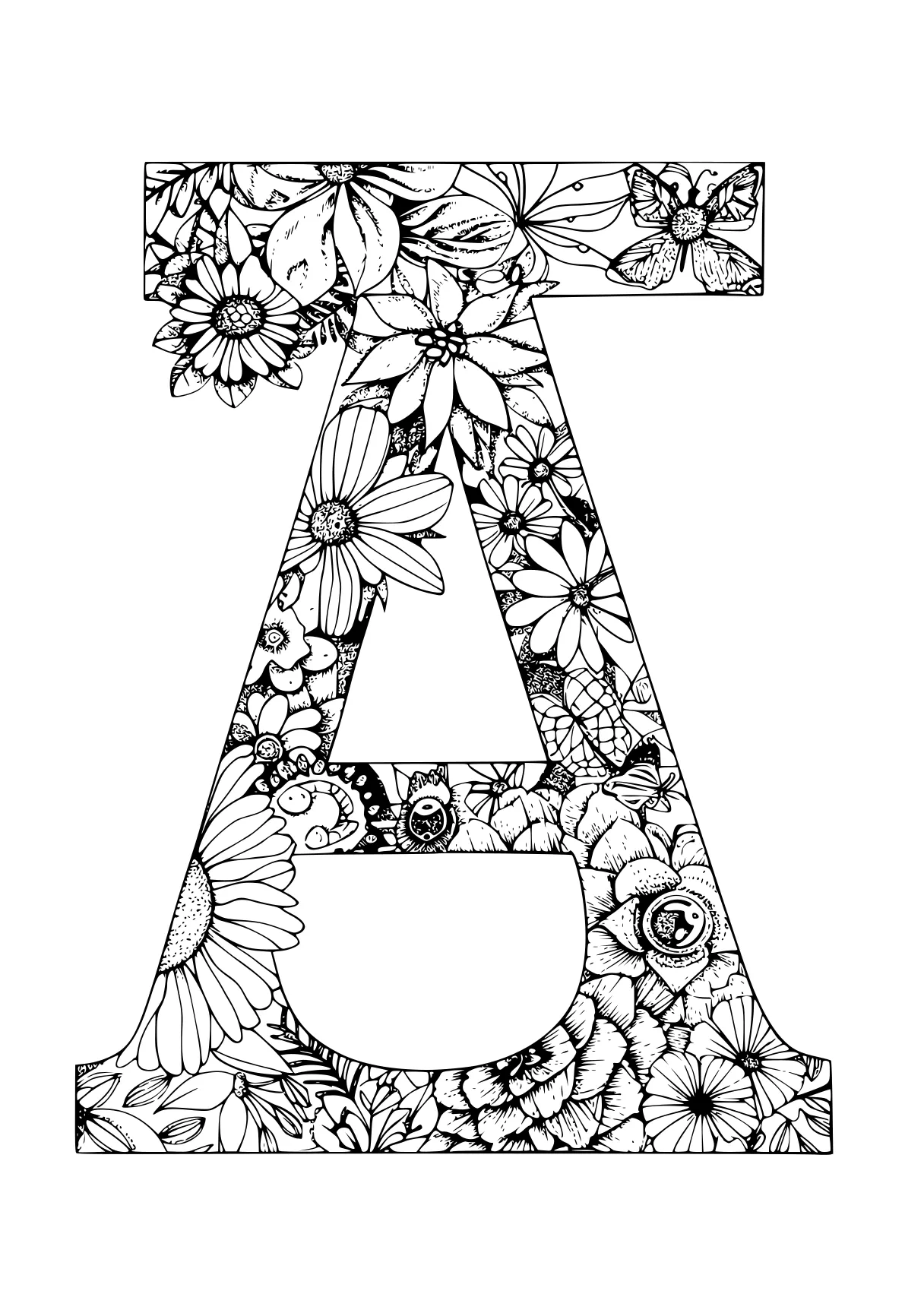 letter a coloring pages a4, floral, letters, free page downloads