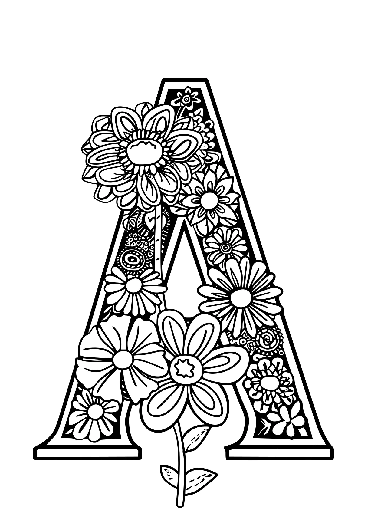 letter a coloring sheet, a4, floral, zentangle, free page downloads