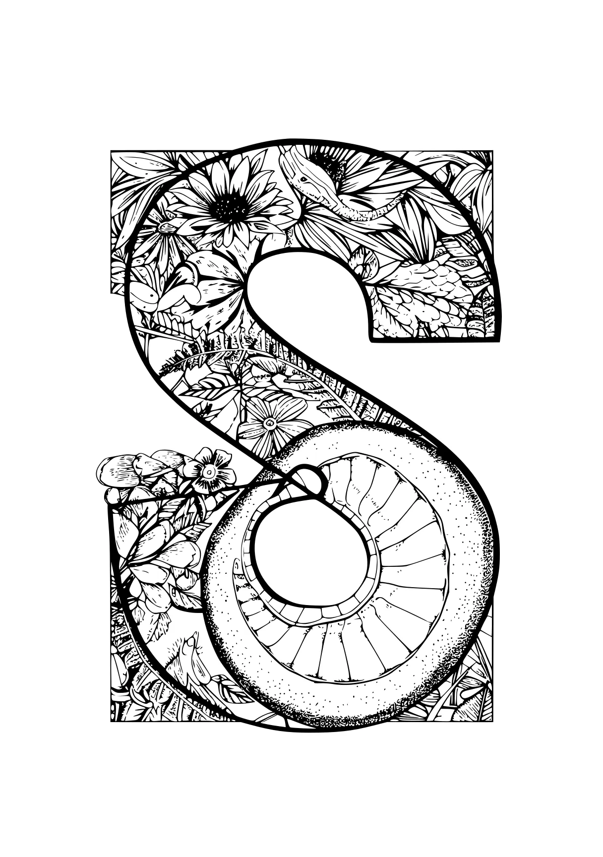 letter s coloring page five, zentangle, two, mandalas, free downloads