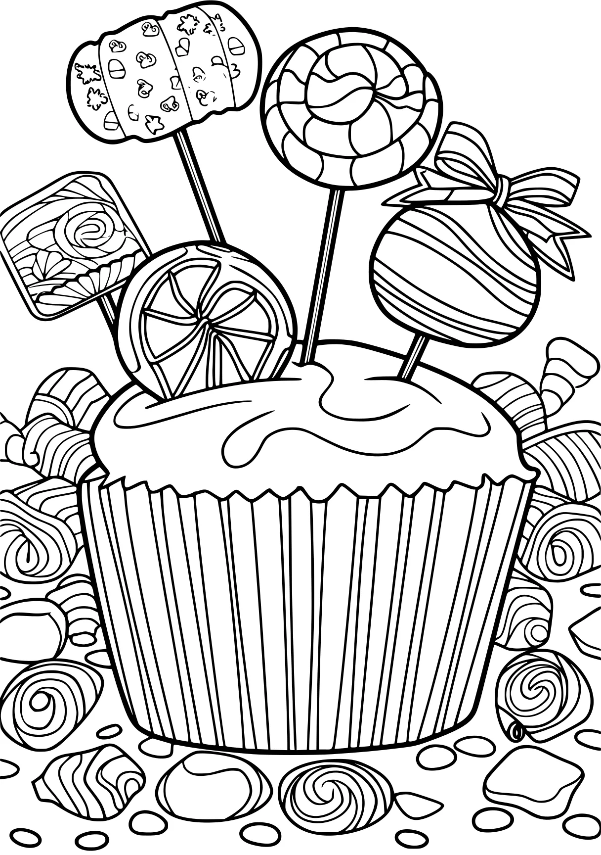 candy coloring page, cupcake, lollipop, printables, free downloads