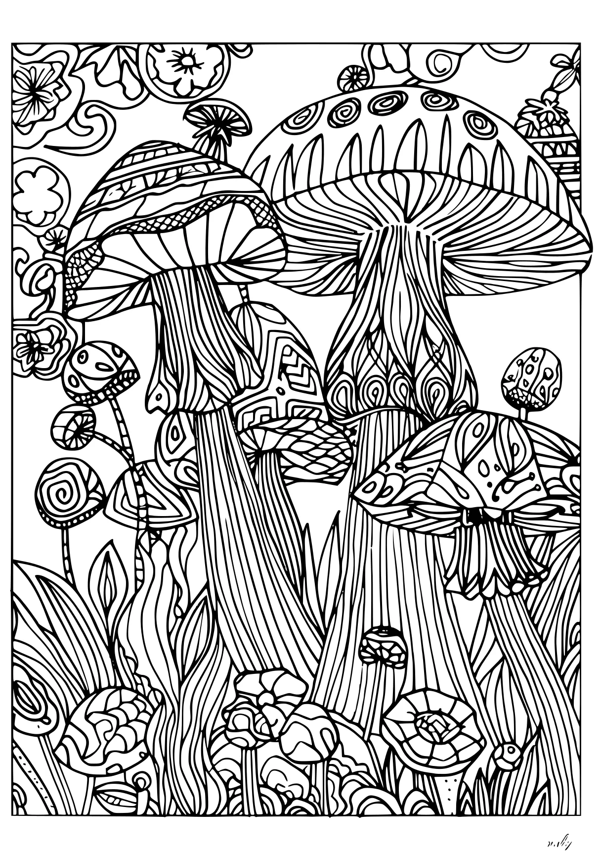 printable color by number for adults, mushroom, zentangle, plants, free coloring page downloads