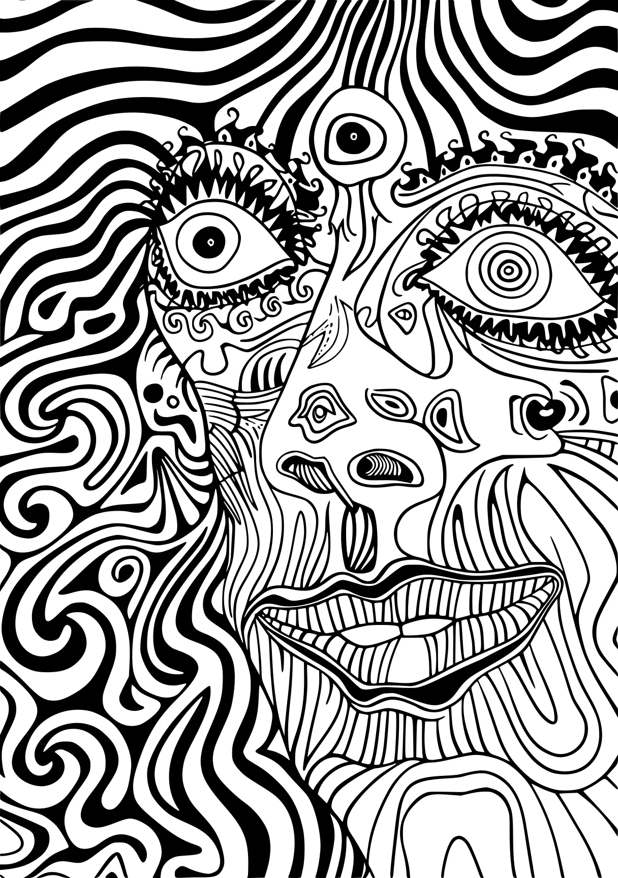 trippy coloring pages acid, zentangle, masks, free page downloads