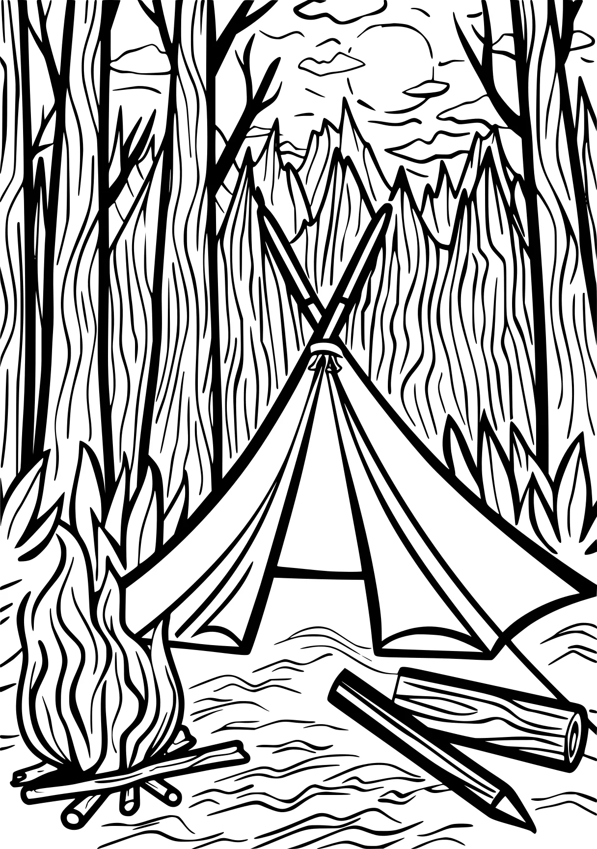 camping coloring pages, forest, camping, trees, free page downloads