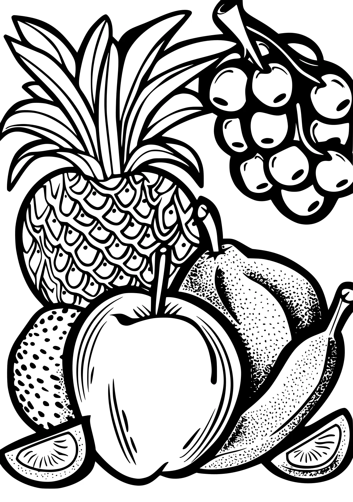 fruit coloring page pineapple, zentangle, acorn, illustrator, free downloads