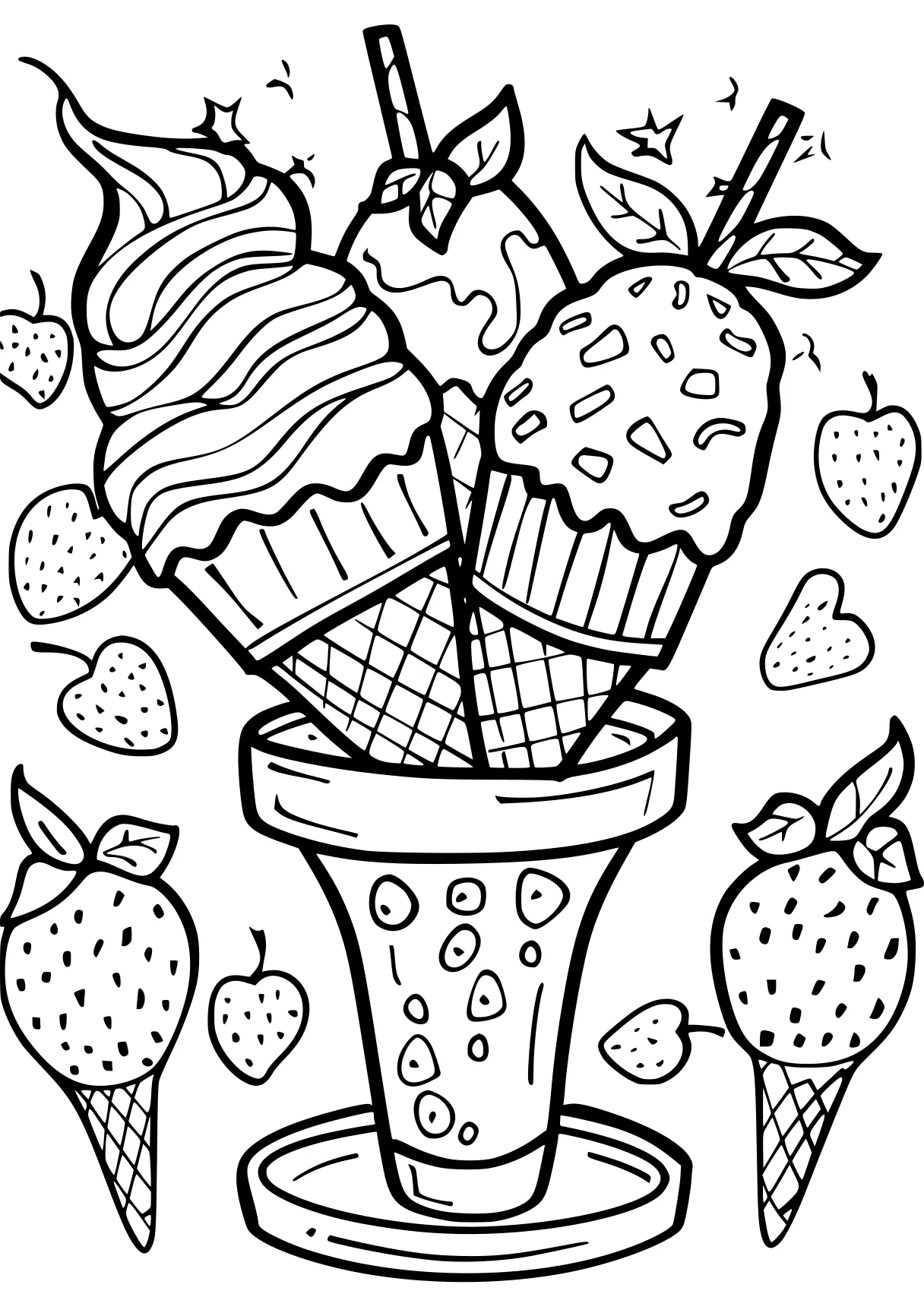 ice cream coloring pages zentangle, strawberry, printables, free page downloads