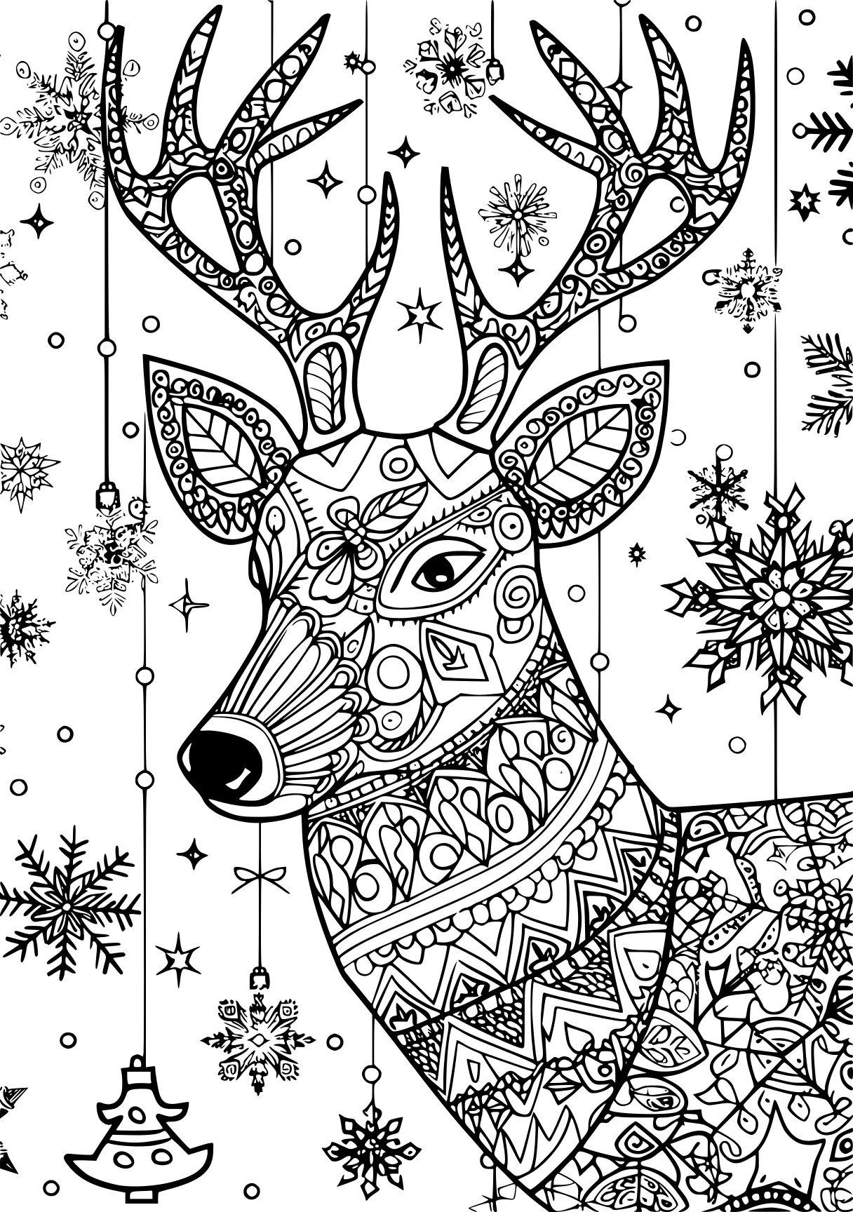 coloring pages for adults christmas deer, rudolph, zentangle, free page downloads