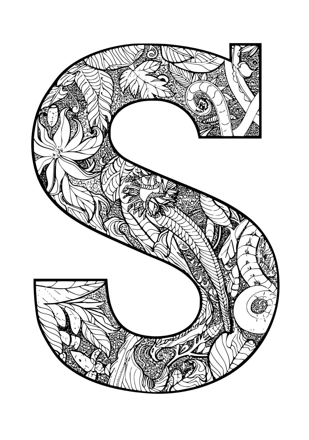 letter s coloring page s, zentangle, seahorse, five, a4, free downloads