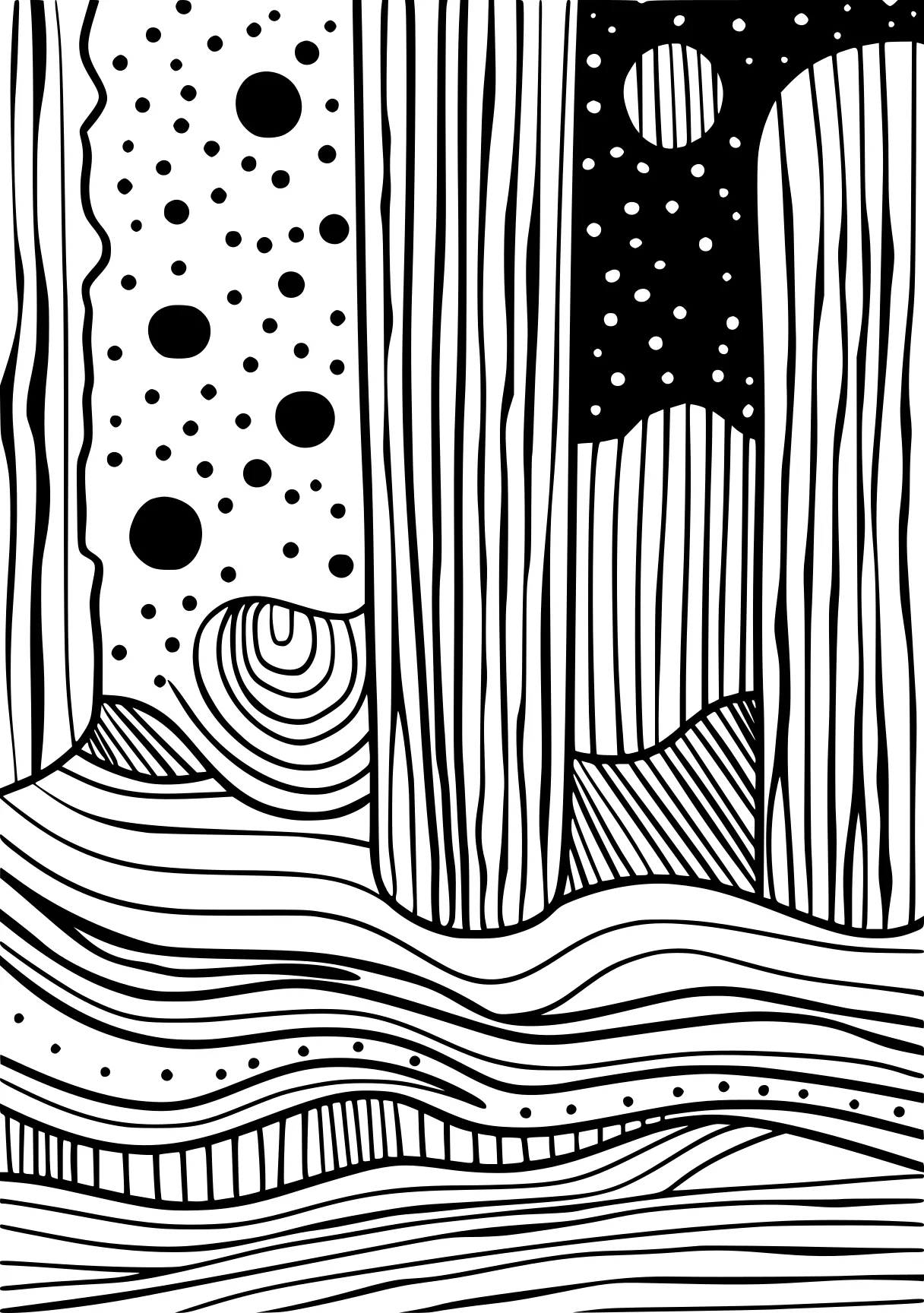 aesthetic coloring page zentangle, trees, lines, free downloads