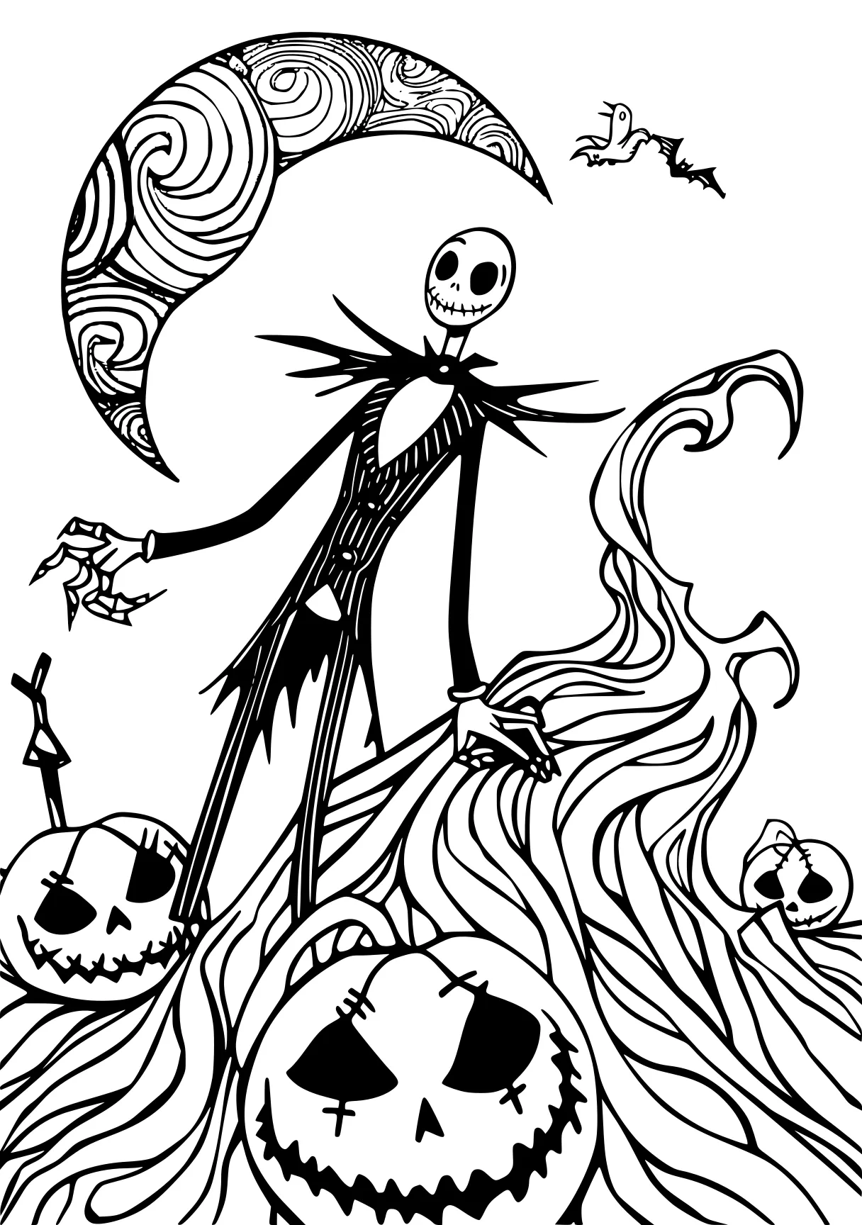 coloring pages nightmare before christmas skellington, scarecrow, witchy, skeleton, witch, free page downloads