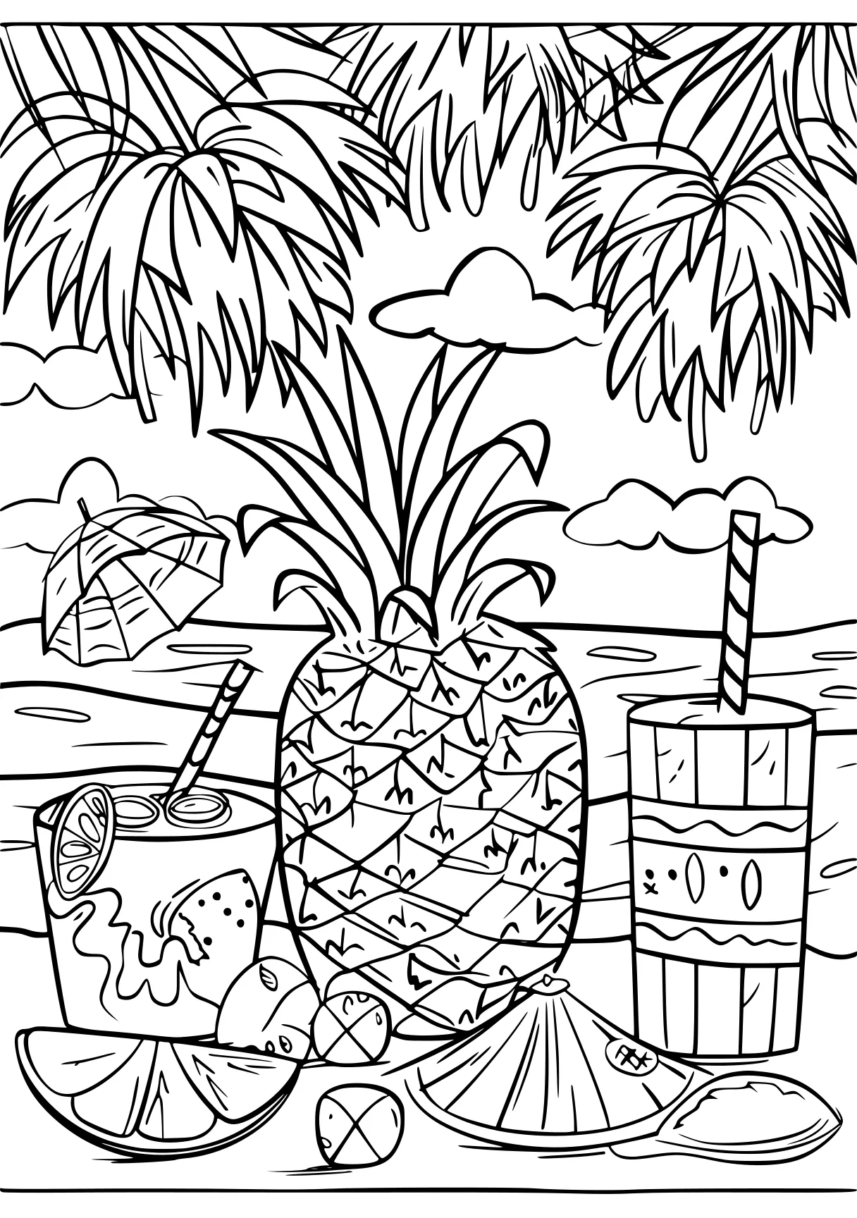 summer coloring sheet pineapple, palm, zentangle, free page downloads