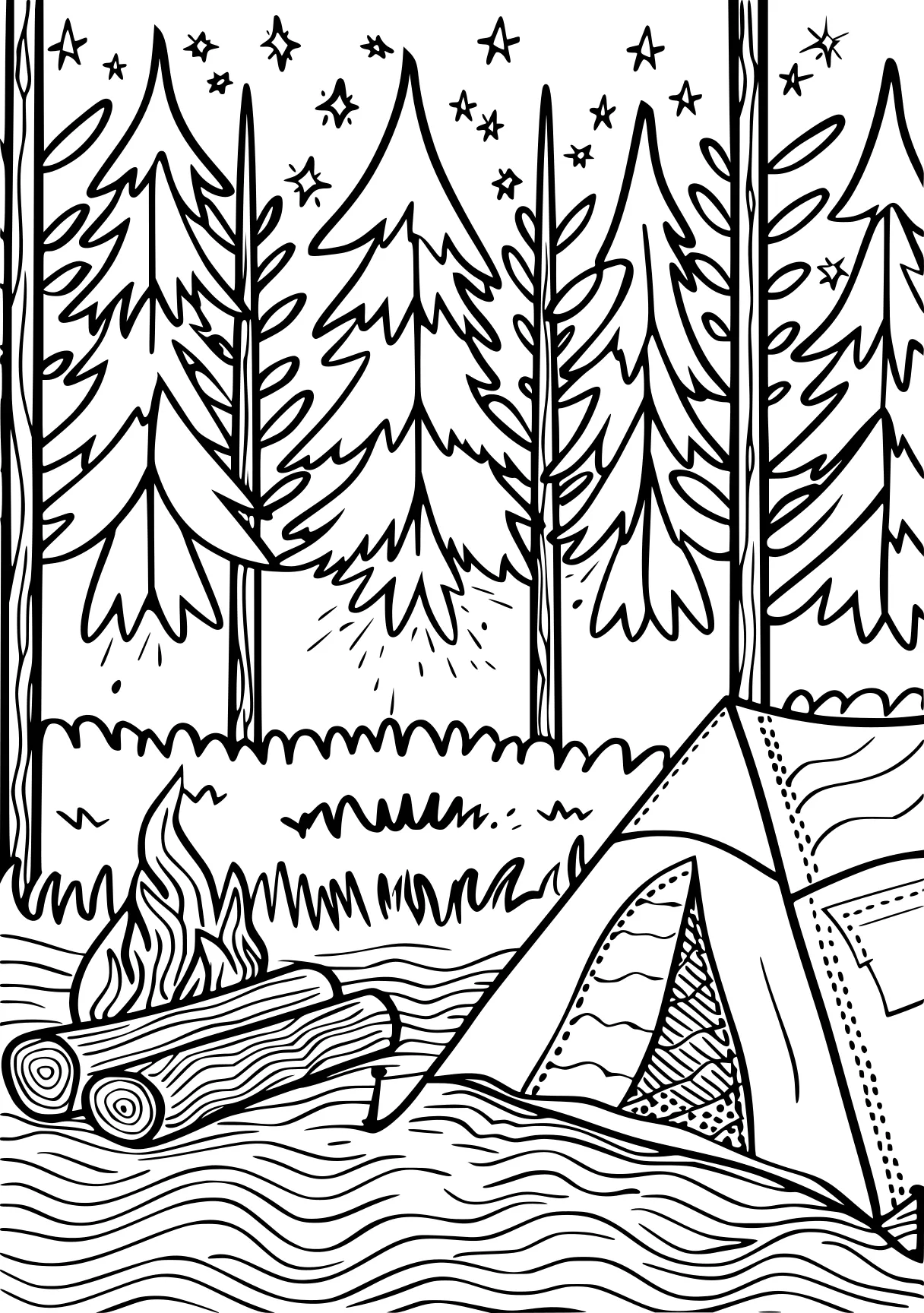 camping coloring pages, zentangle, forest, trees, free page downloads