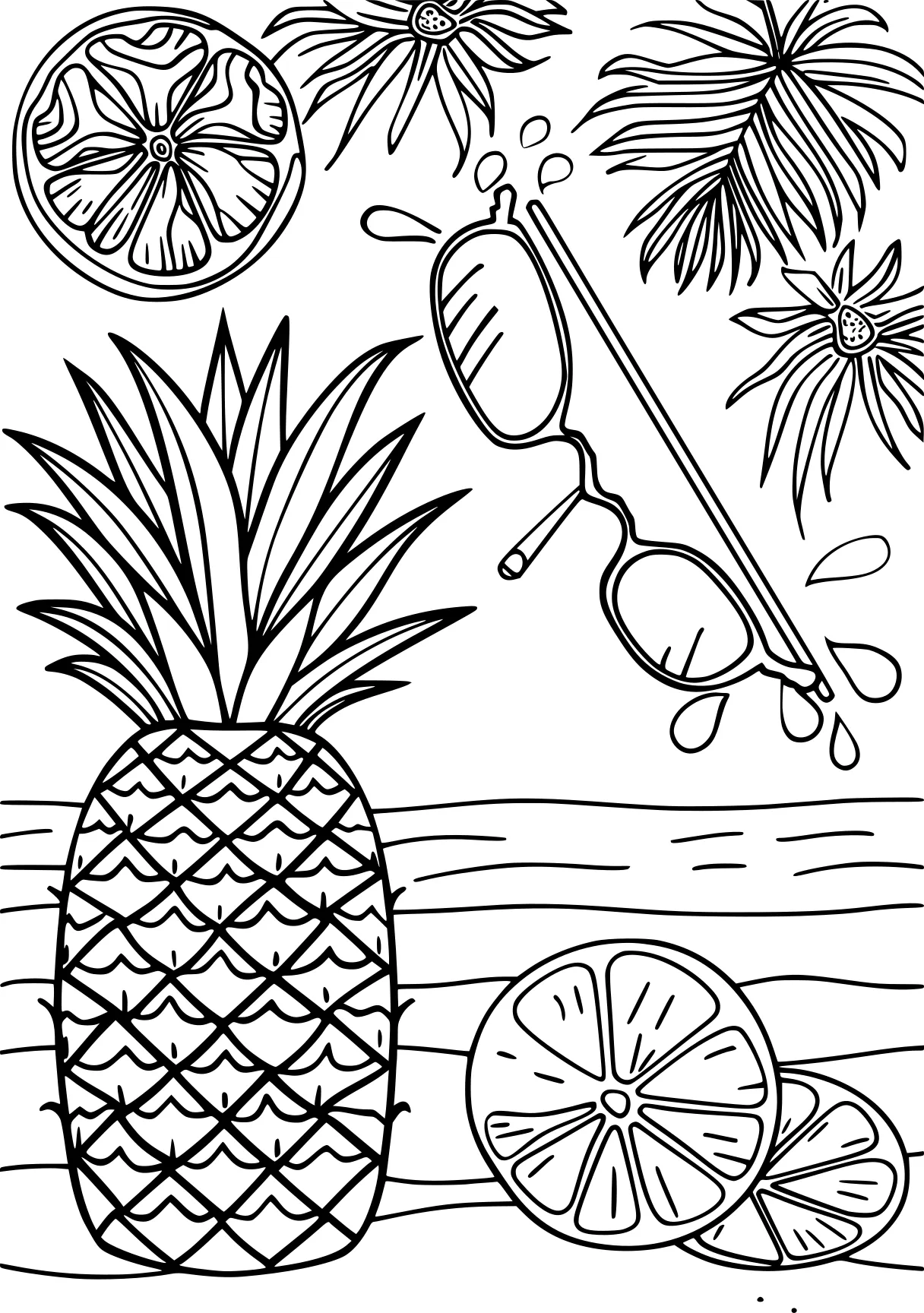 summer coloring, pineapple, zentangle, palm, free page downloads