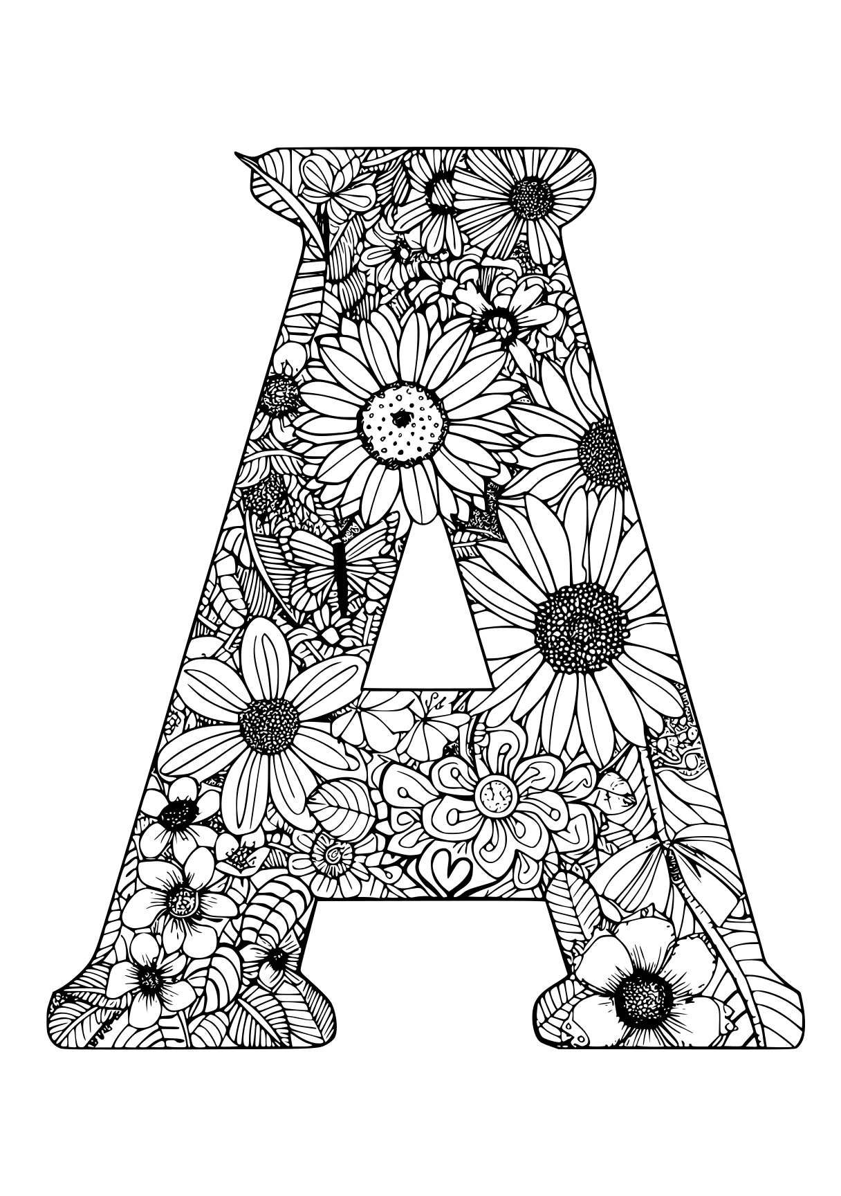 letter a coloring sheet a4, zentangle, floral, free page downloads