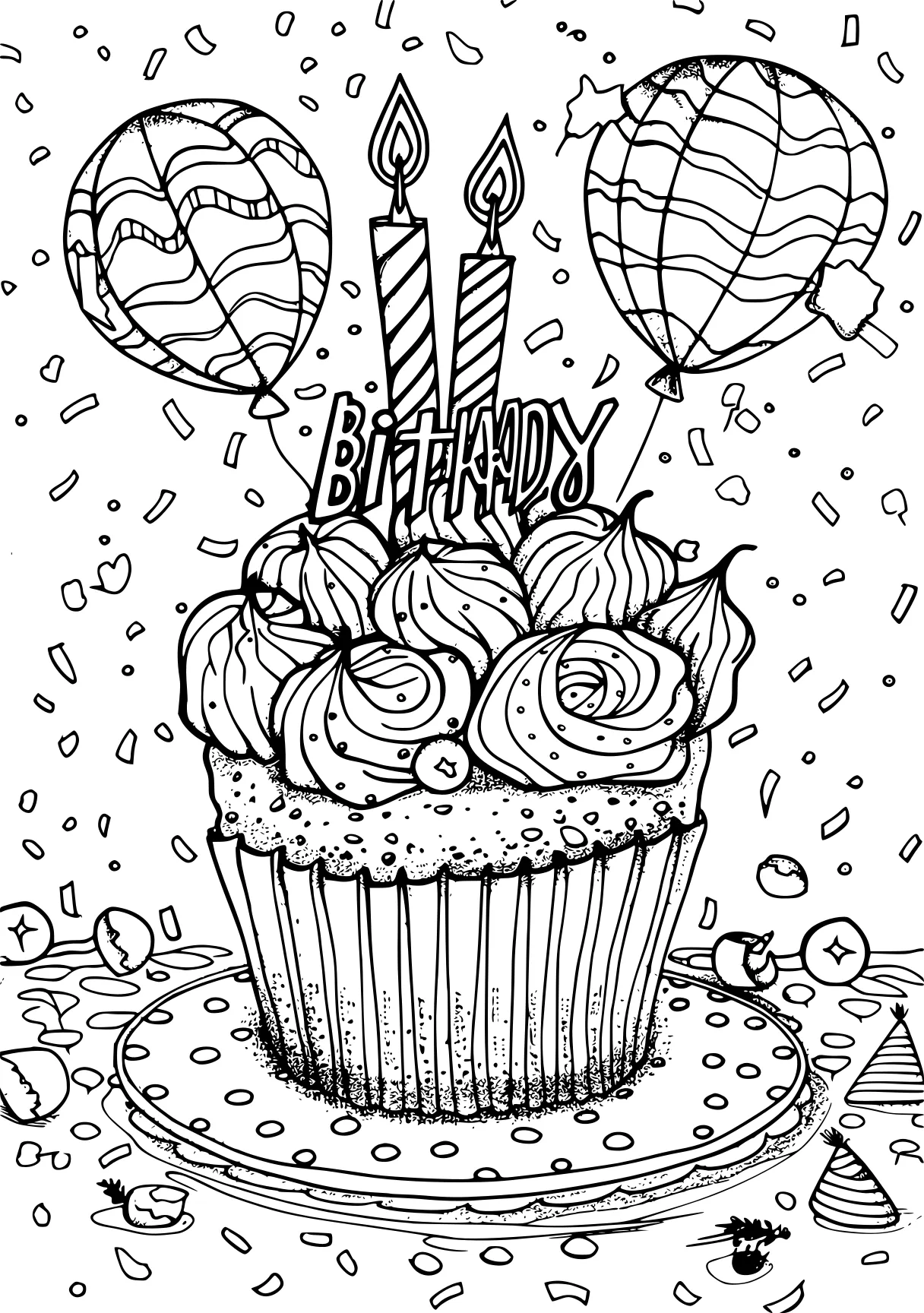 happy birthday coloring sheet, cupcake, birthday, balloons, free page downloads