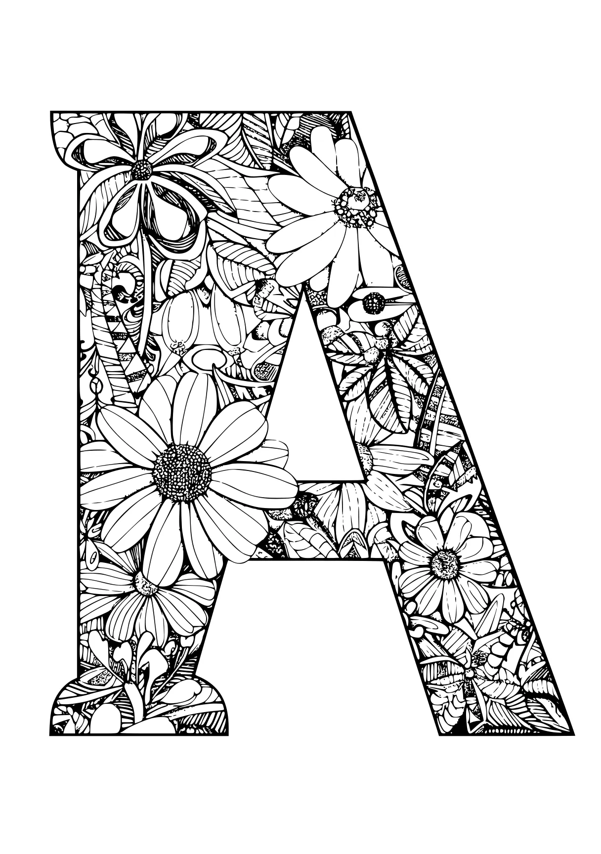 letter a coloring pages a4, floral, alphabet, abc, letters, free page downloads