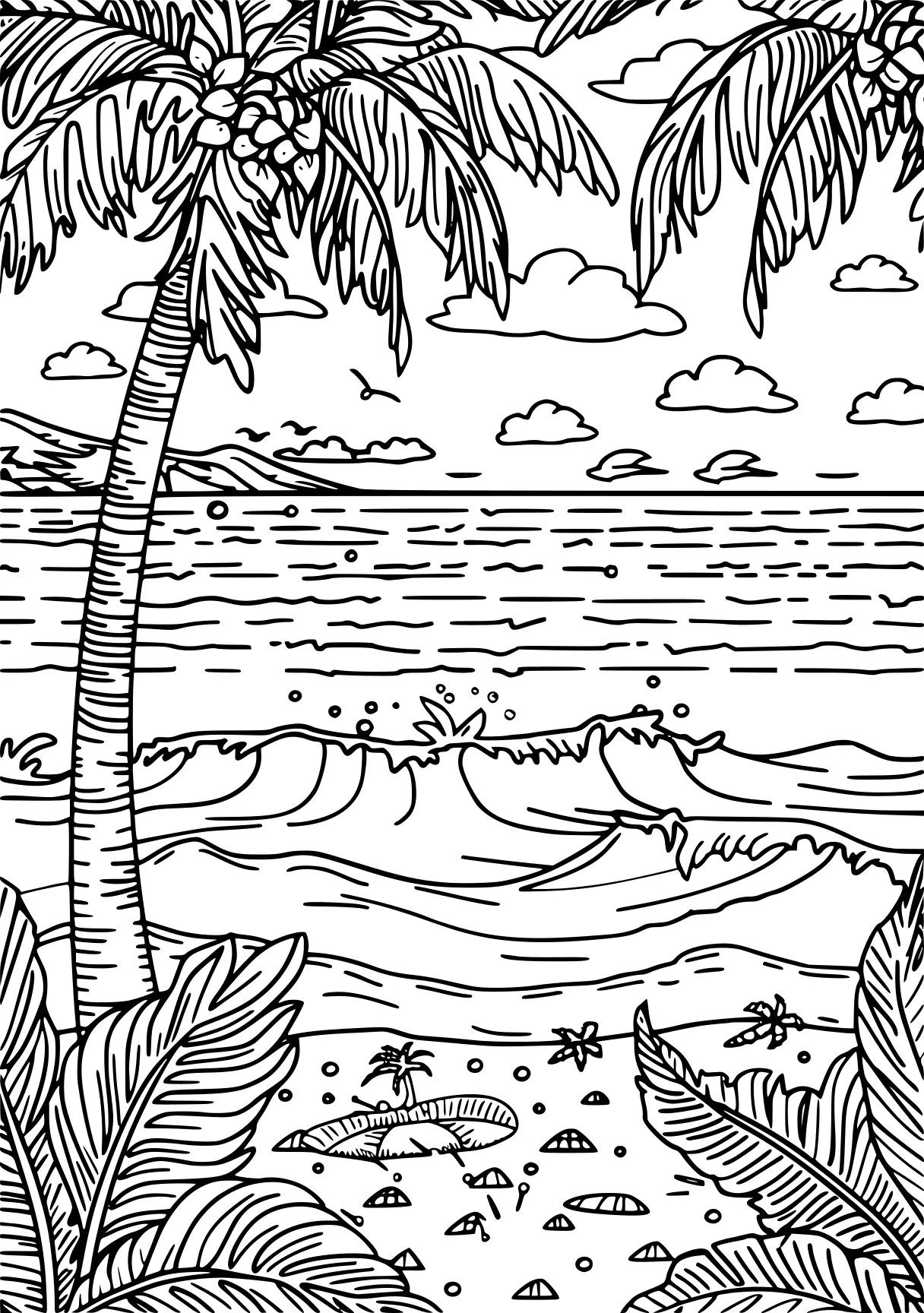 beach coloring pages, ocean, palm, sea, free page downloads