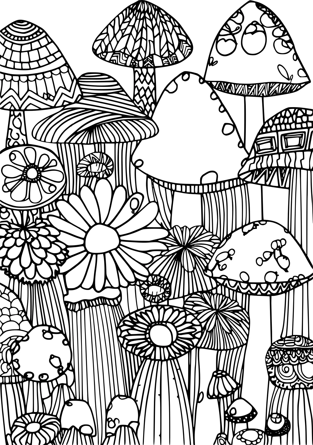 printable coloring pages zentangle, wonderland, mushroom, free page downloads