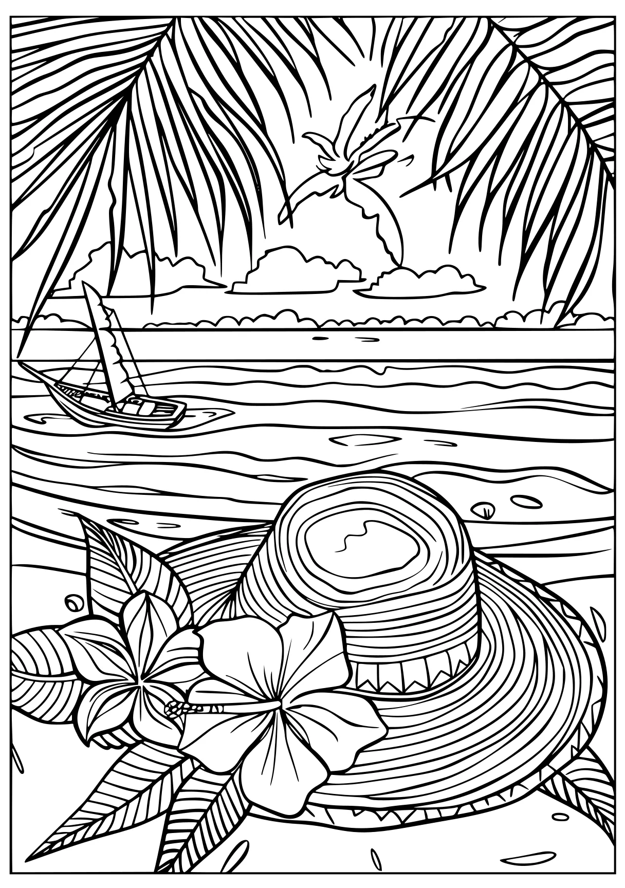 summer coloring sheet, palm, boat, zentangle, free page downloads