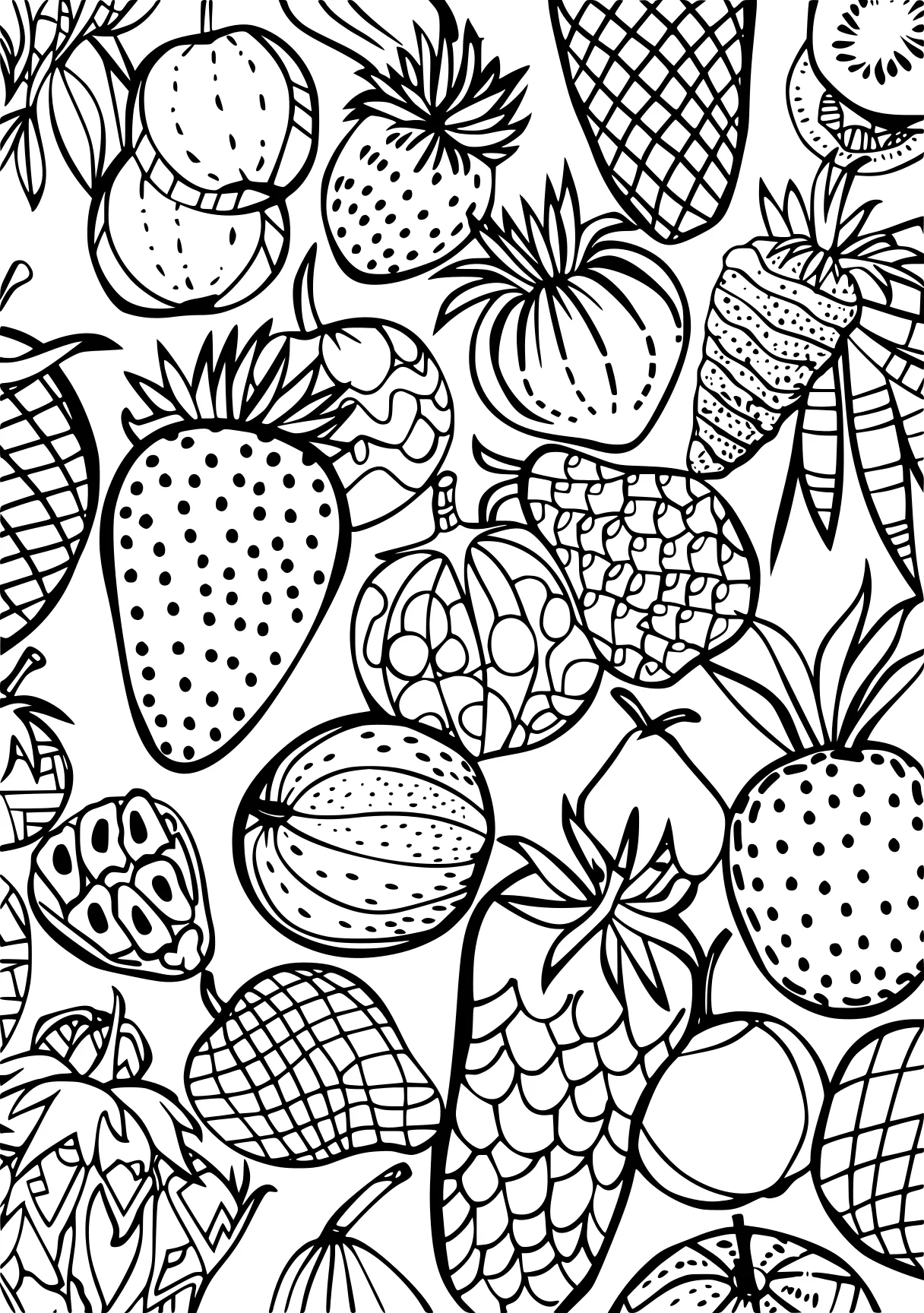 fruit coloring page, printables, fruits, pineapple, free downloads