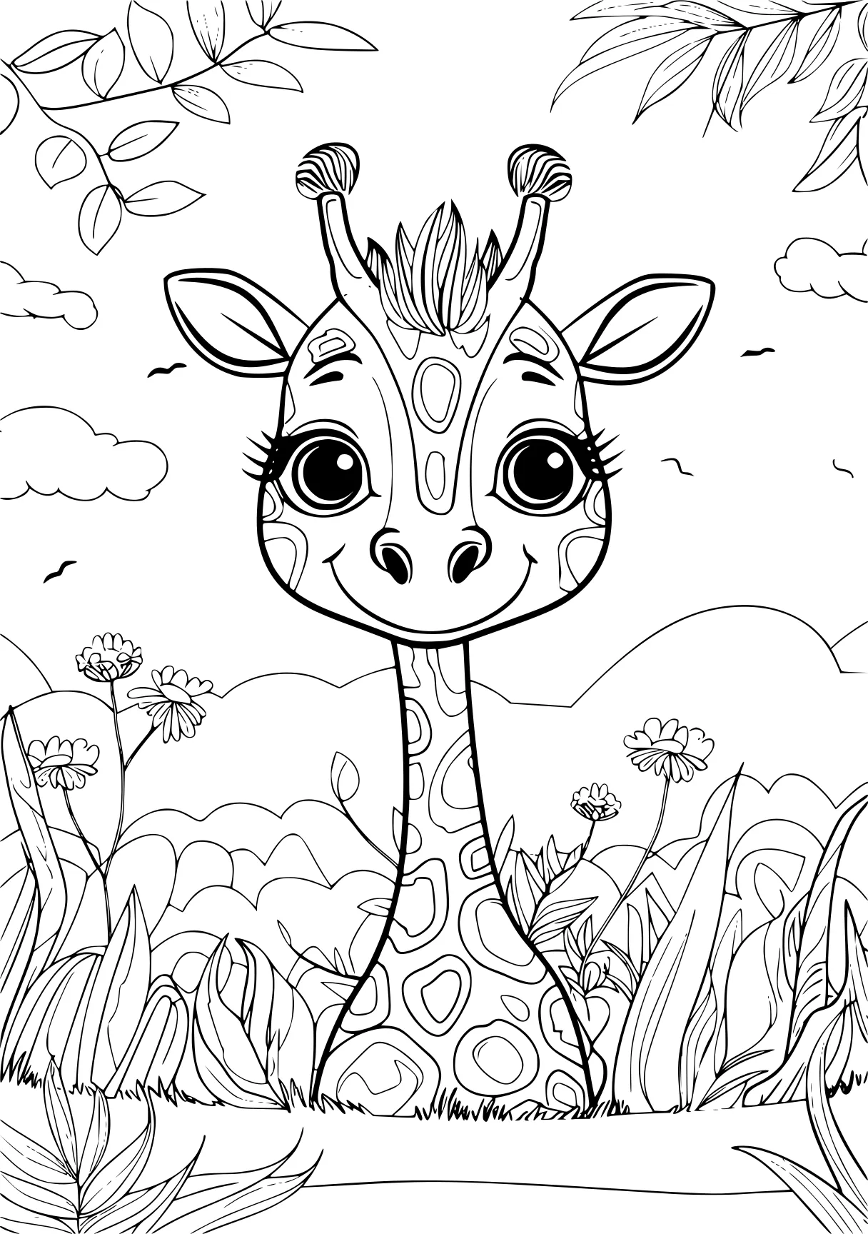 coloring pages cute animals giraffe, cow, safari, llama, free page downloads