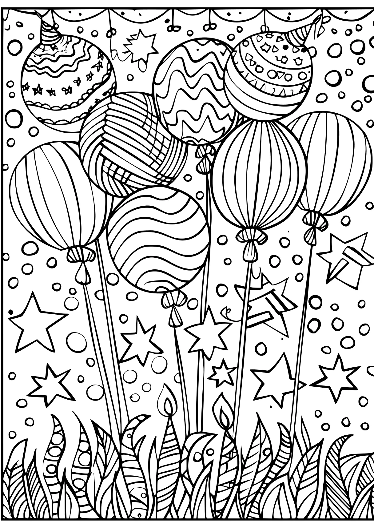 happy birthday coloring pages zentangle, balloons, plants, free page downloads