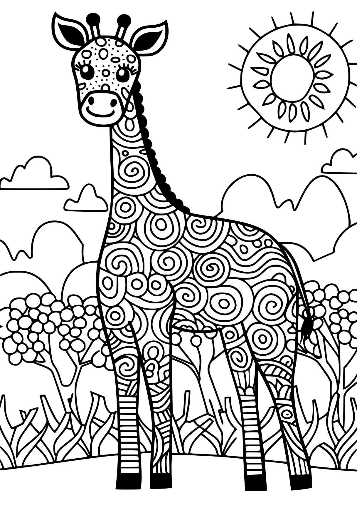 wednesday coloring page giraffe, brachiosaurus, zentangle, free downloads