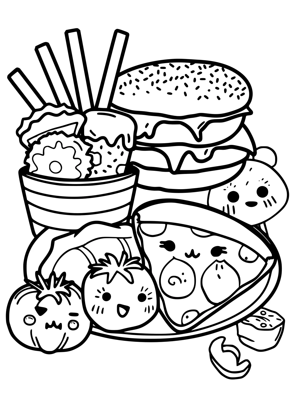 kawaii coloring pages foods, burger, food, free page downloads