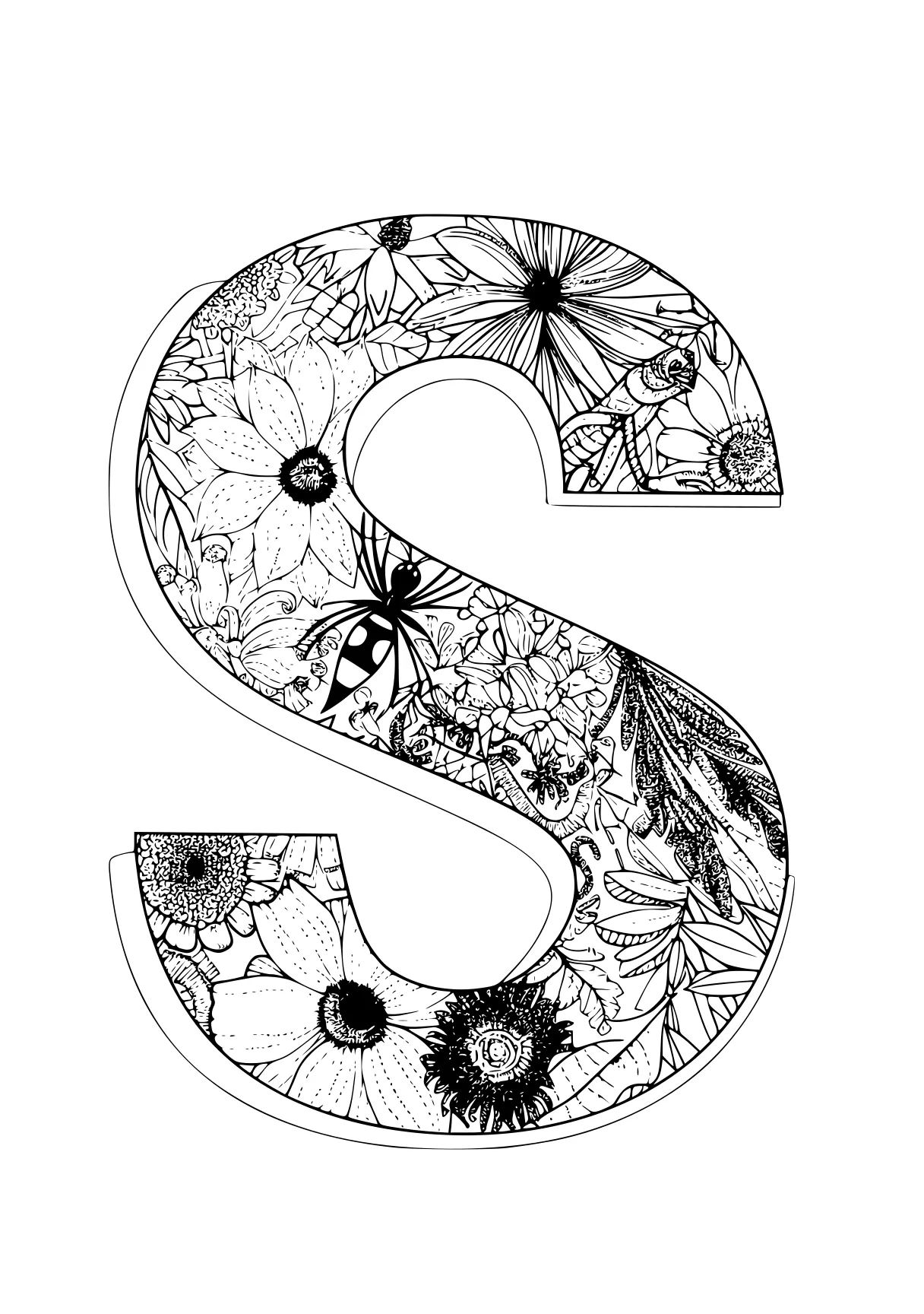 letter s coloring page, zentangle, five, mandalas, free downloads