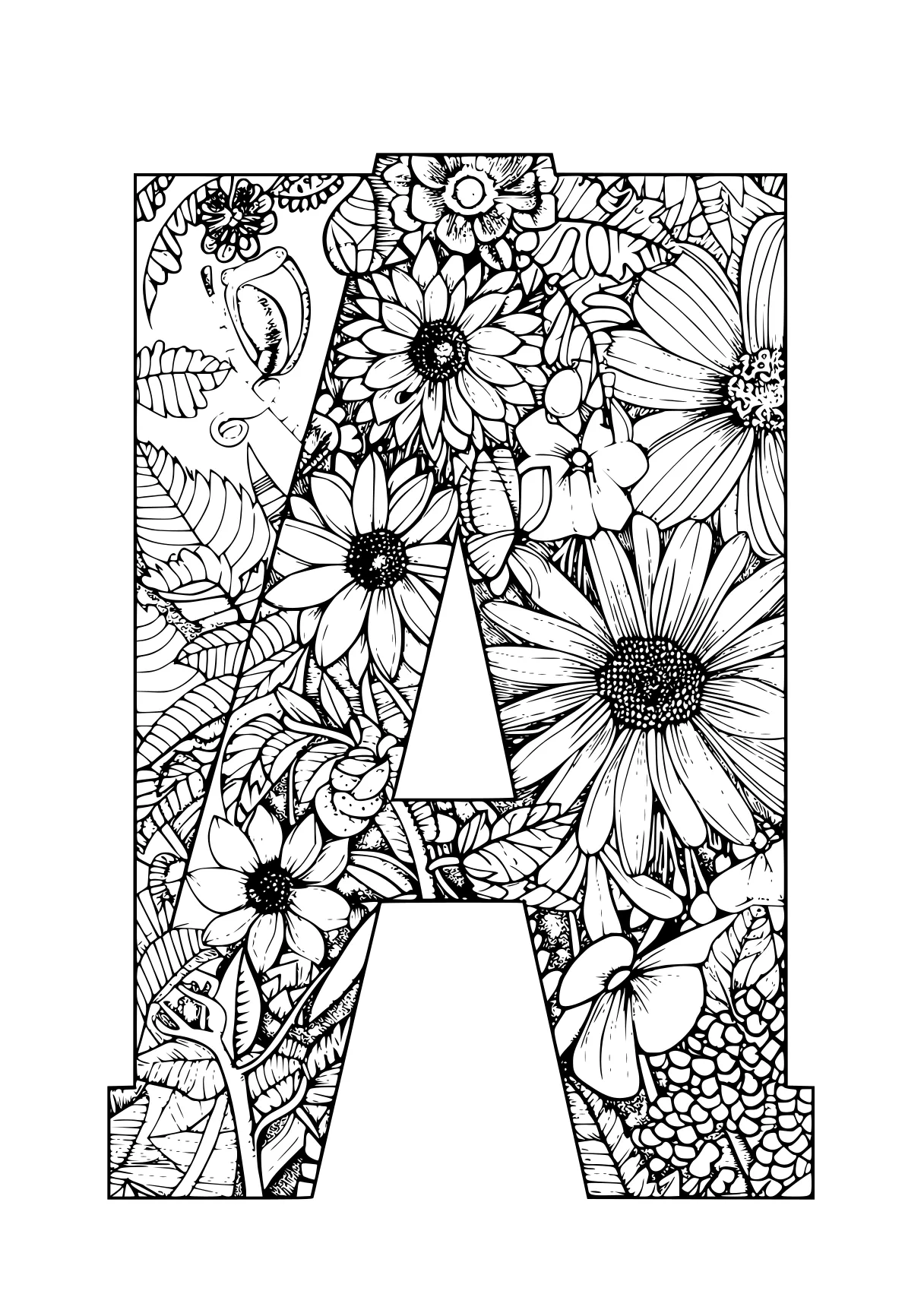 letter a coloring pages, zentangle, floral, flower, free page downloads